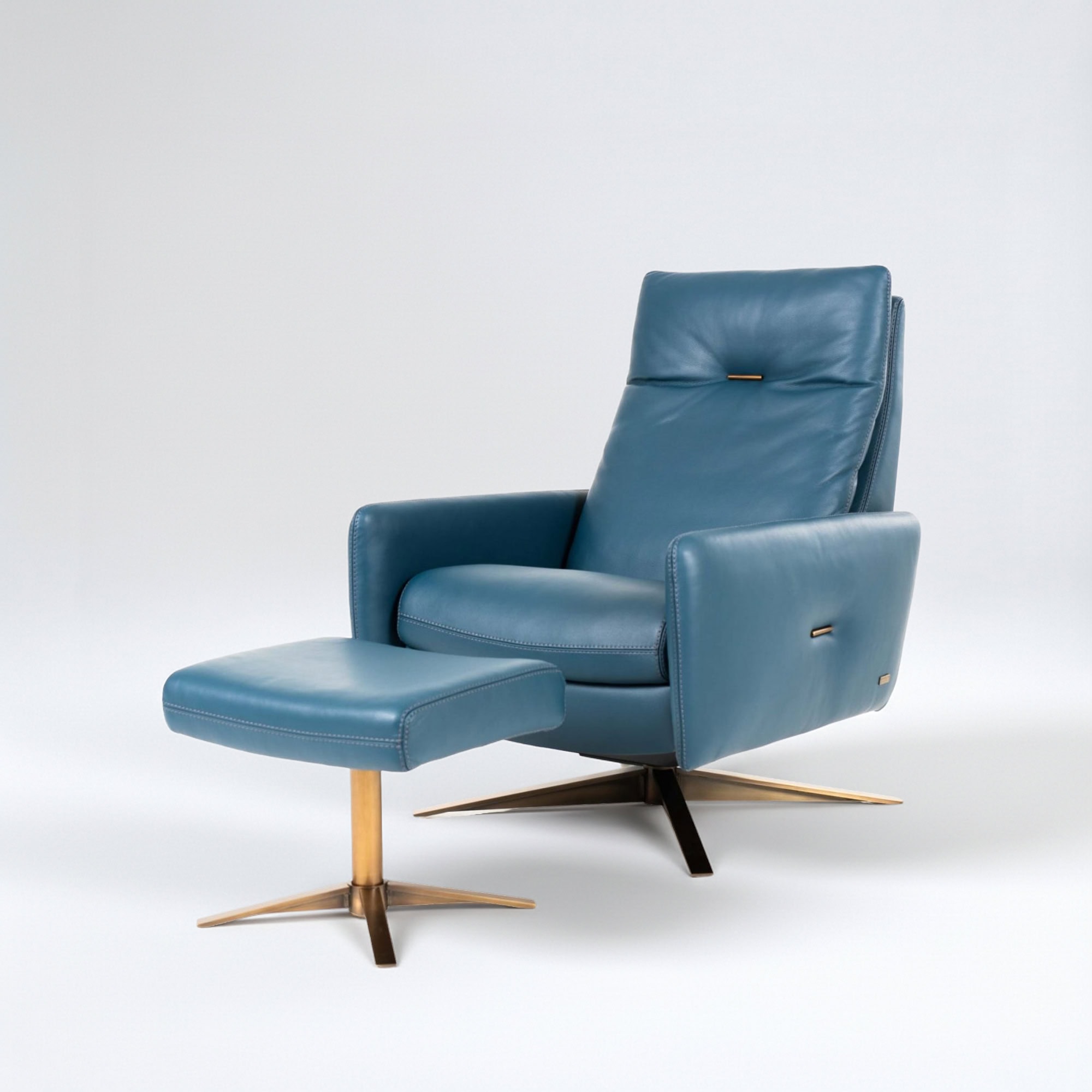 Recliner chair with air comfort features in blue leather upholstery.