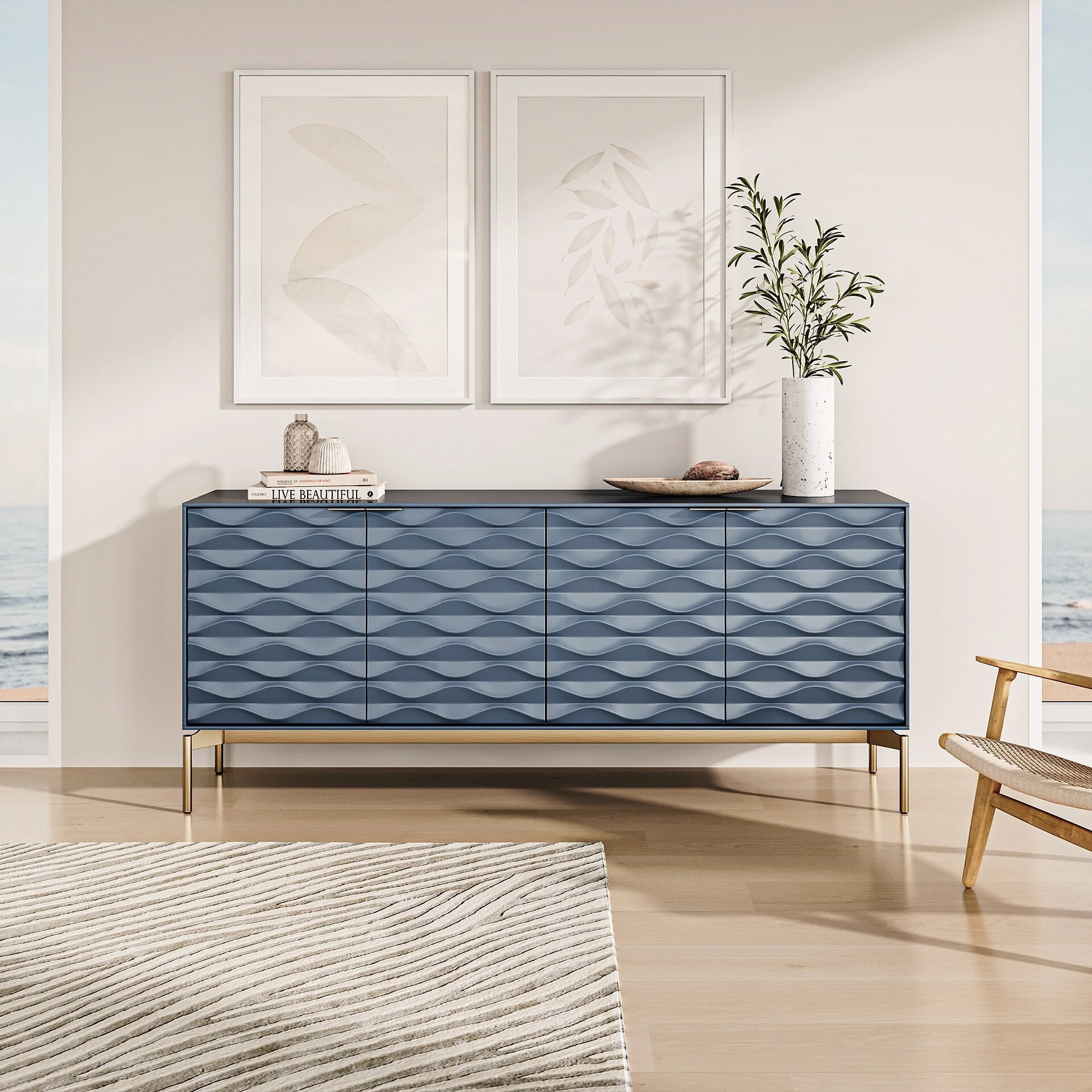 Contemporary blue textured sideboard with gold legs in modern living room decor.