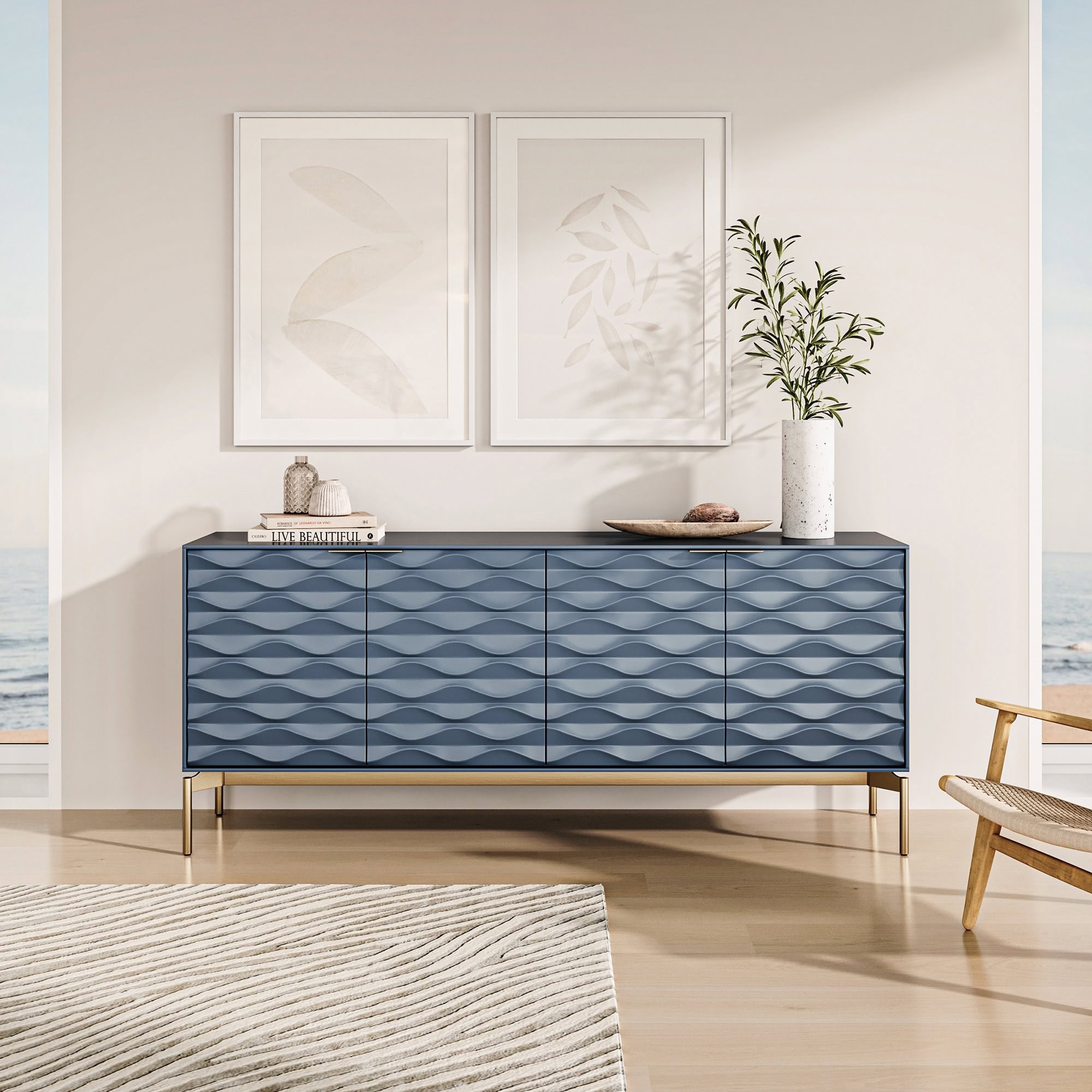 Contemporary blue textured sideboard with gold legs in modern living room decor.