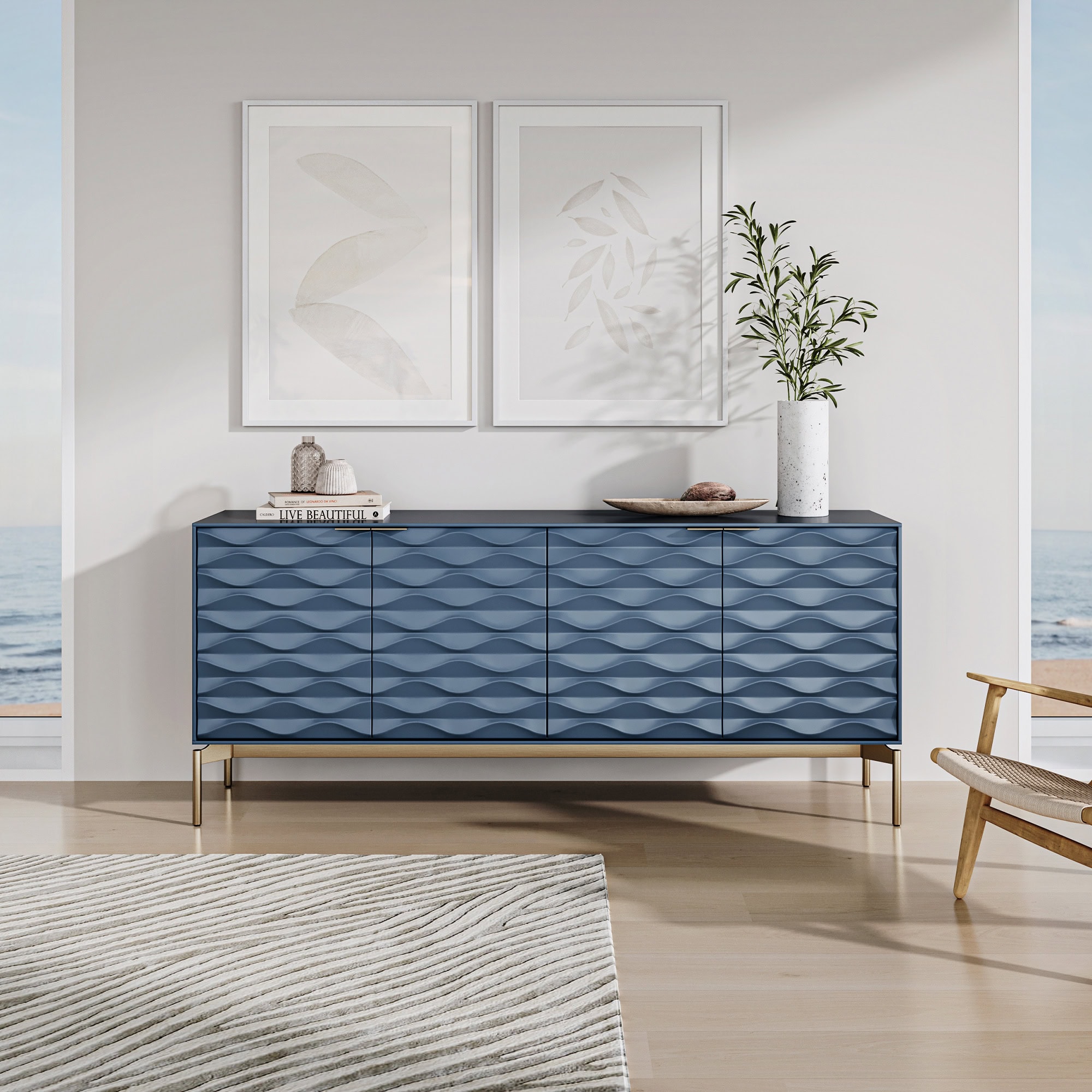 Contemporary blue textured sideboard with gold legs in modern living room decor.