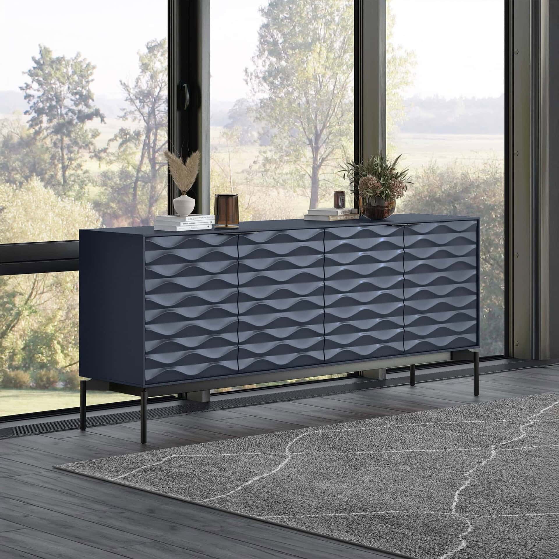Sleek navy blue modern sideboard with textured wave pattern, perfect for contemporary home decor.