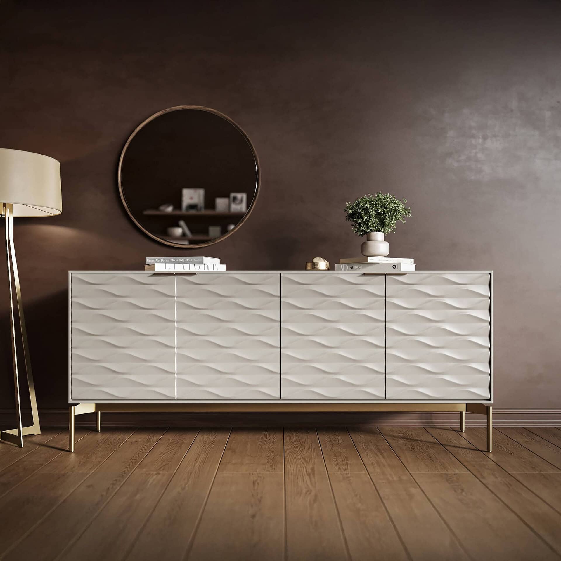 Sleek white modern sideboard with textured wave pattern, perfect for contemporary living spaces.