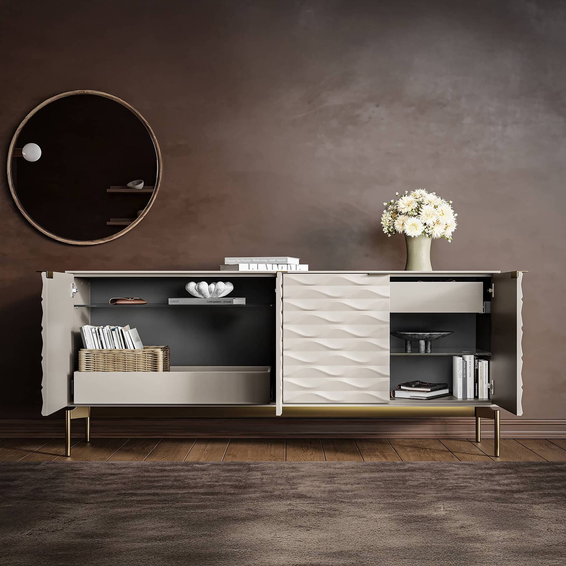 Sleek modern sideboard with textured doors and brass accents for stylish living room décor.