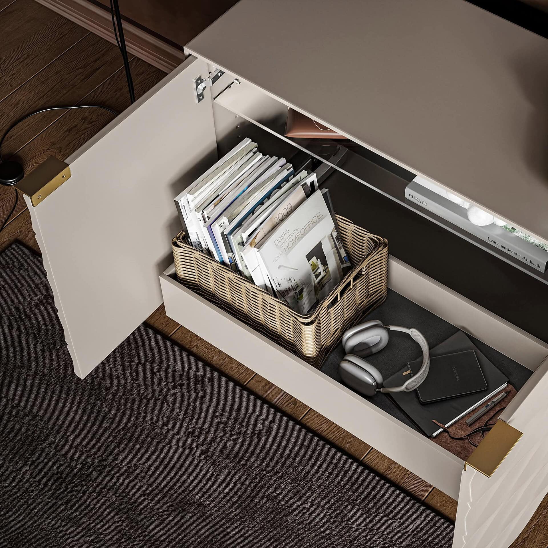 Stylish desk organization with magazine files and accessories in a modern home office setting.