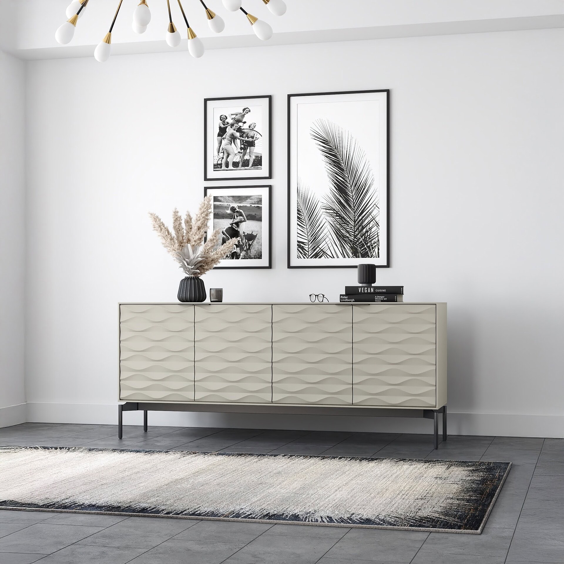 Sleek modern sideboard with textured cream finish and black metal legs.