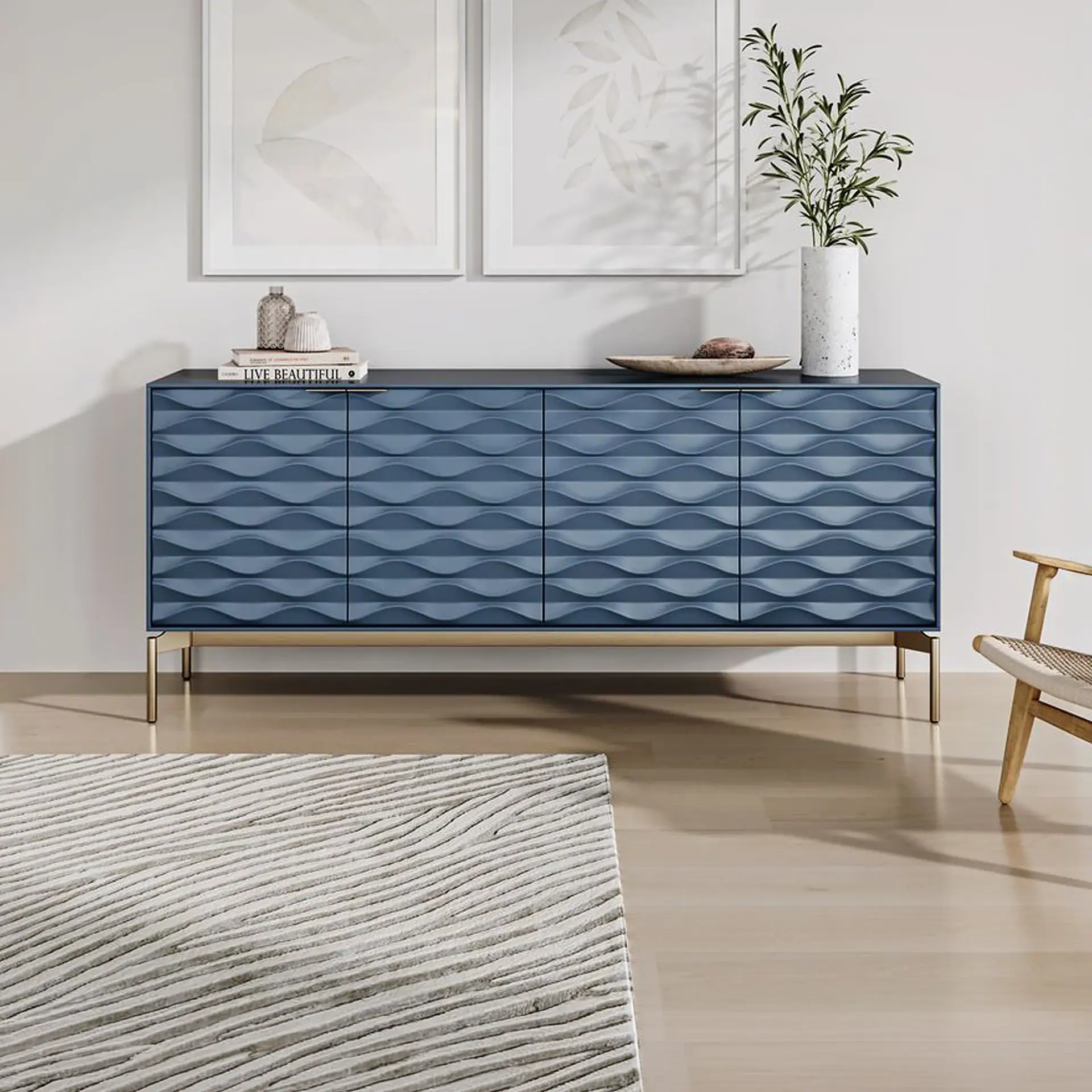 Sklar Furnishings Ripple Storage Credenza in blue with textured front.