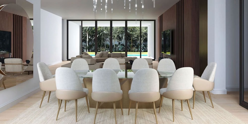 Modern dining room with elegant white chairs and large windows showcasing outdoor greenery.