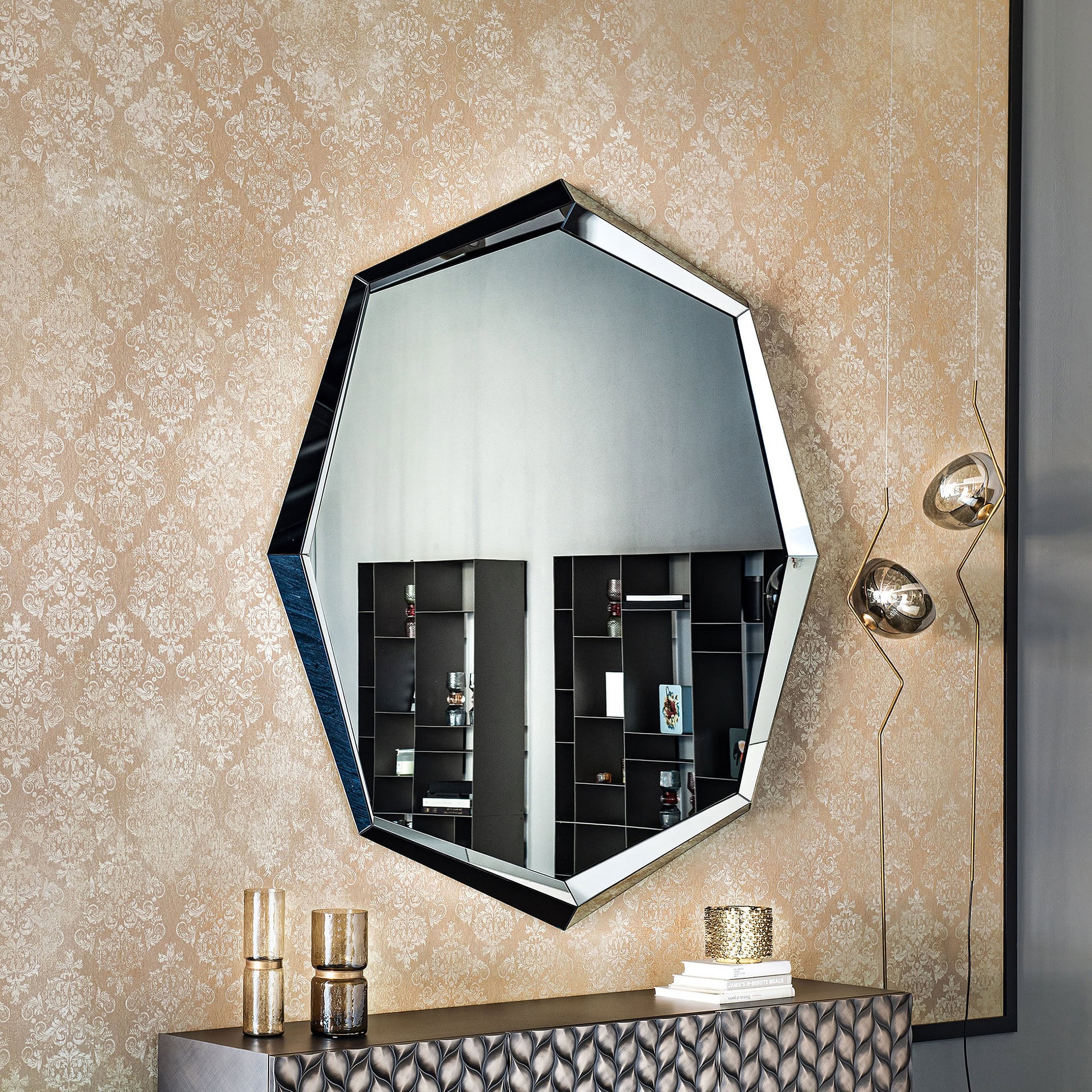 Stylish hexagonal wall mirror with built-in shelves for contemporary home decor.