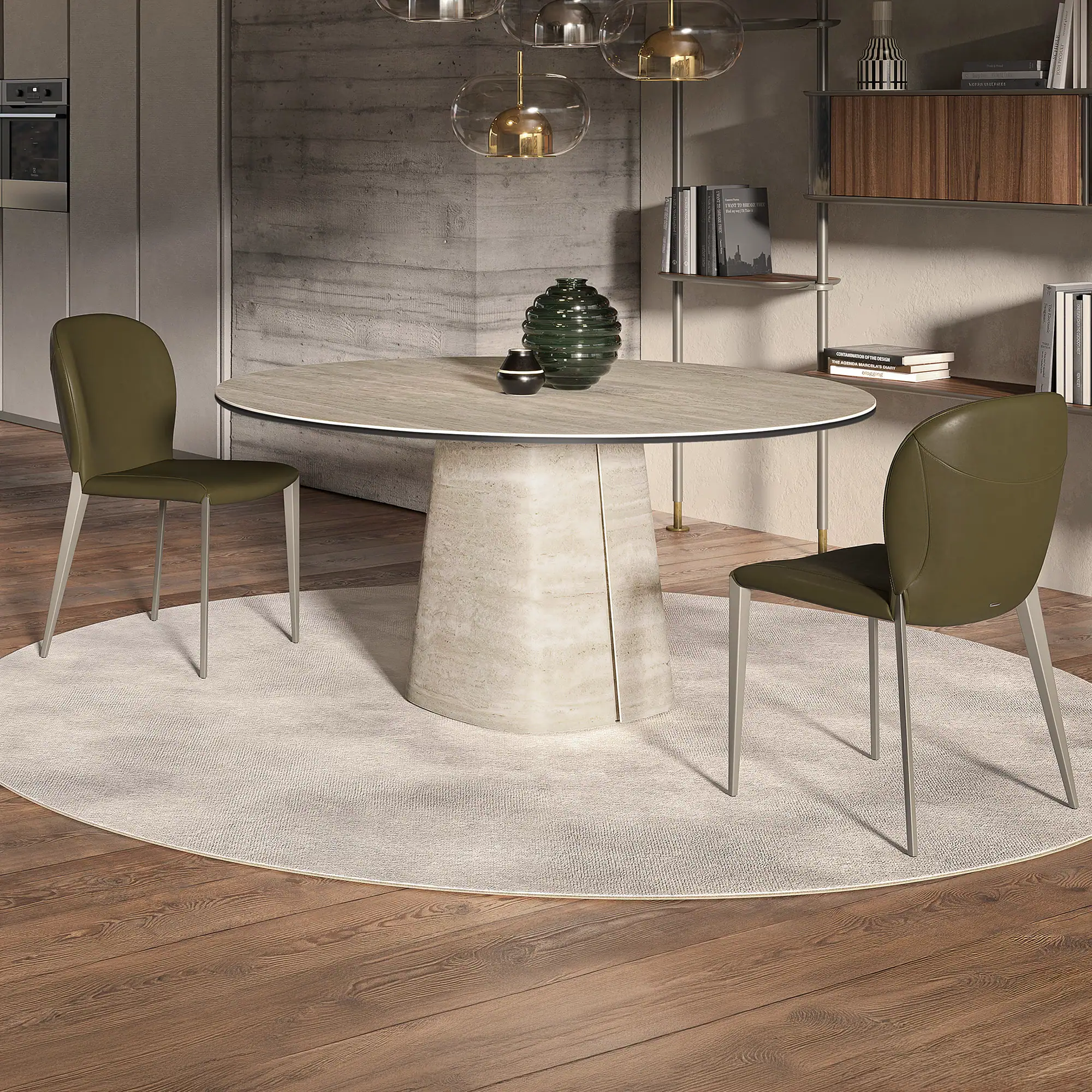 Elegant round dining table with sculptural base, perfect for modern dining rooms.