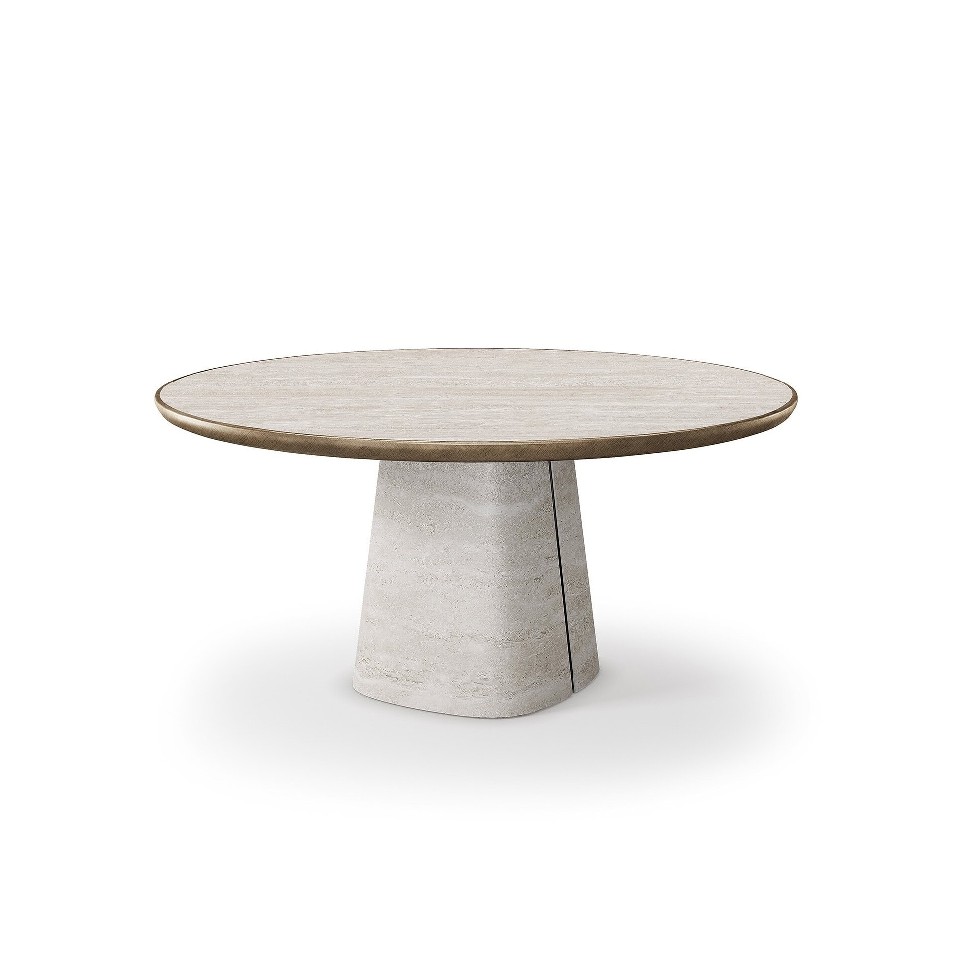 A modern round table with a light beige stone top and a matching sculptural pedestal base, accented with a dark rim and vertical line, on a white background.