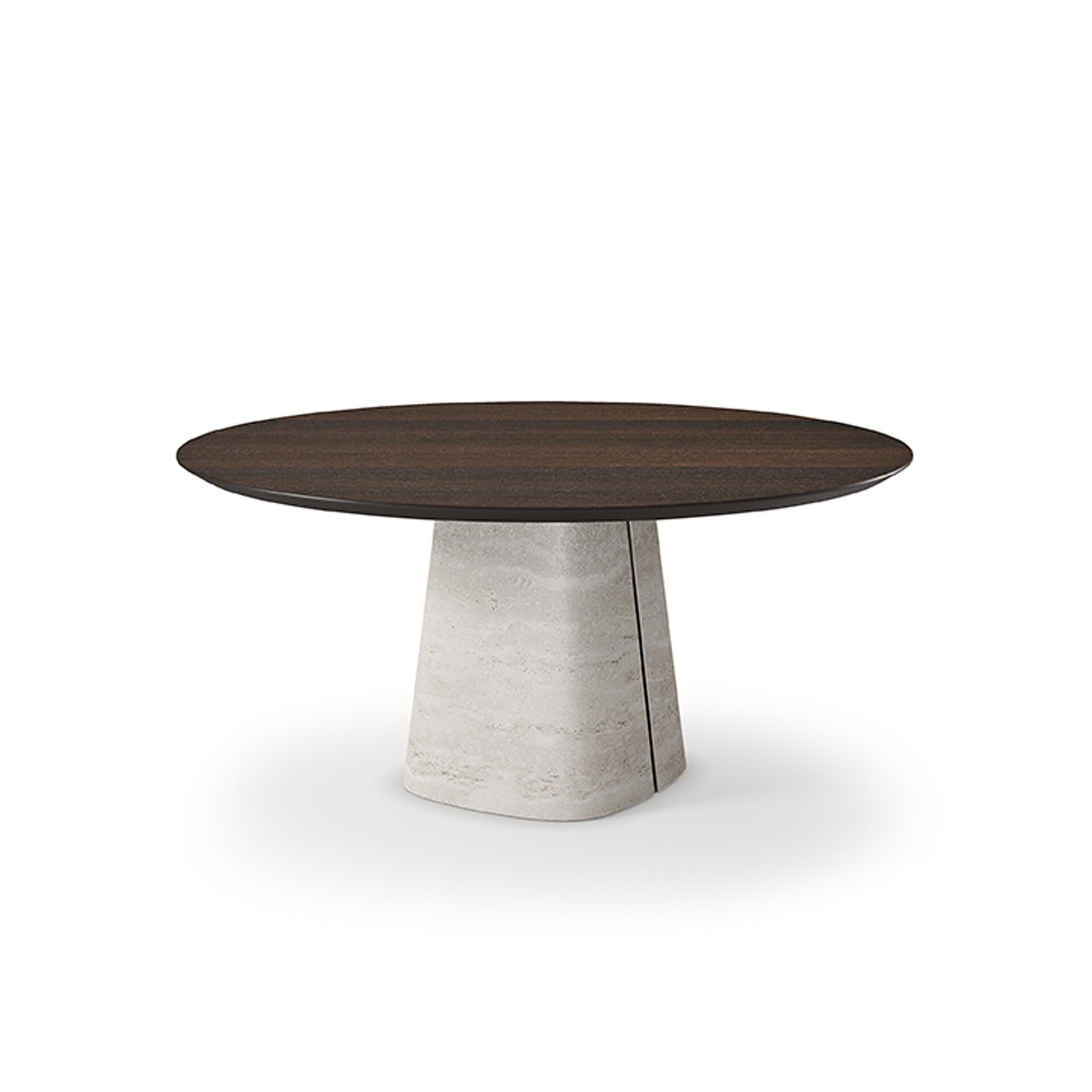 A modern oval table with a dark brown wood top and a light, textured stone pedestal base, isolated on a white background.