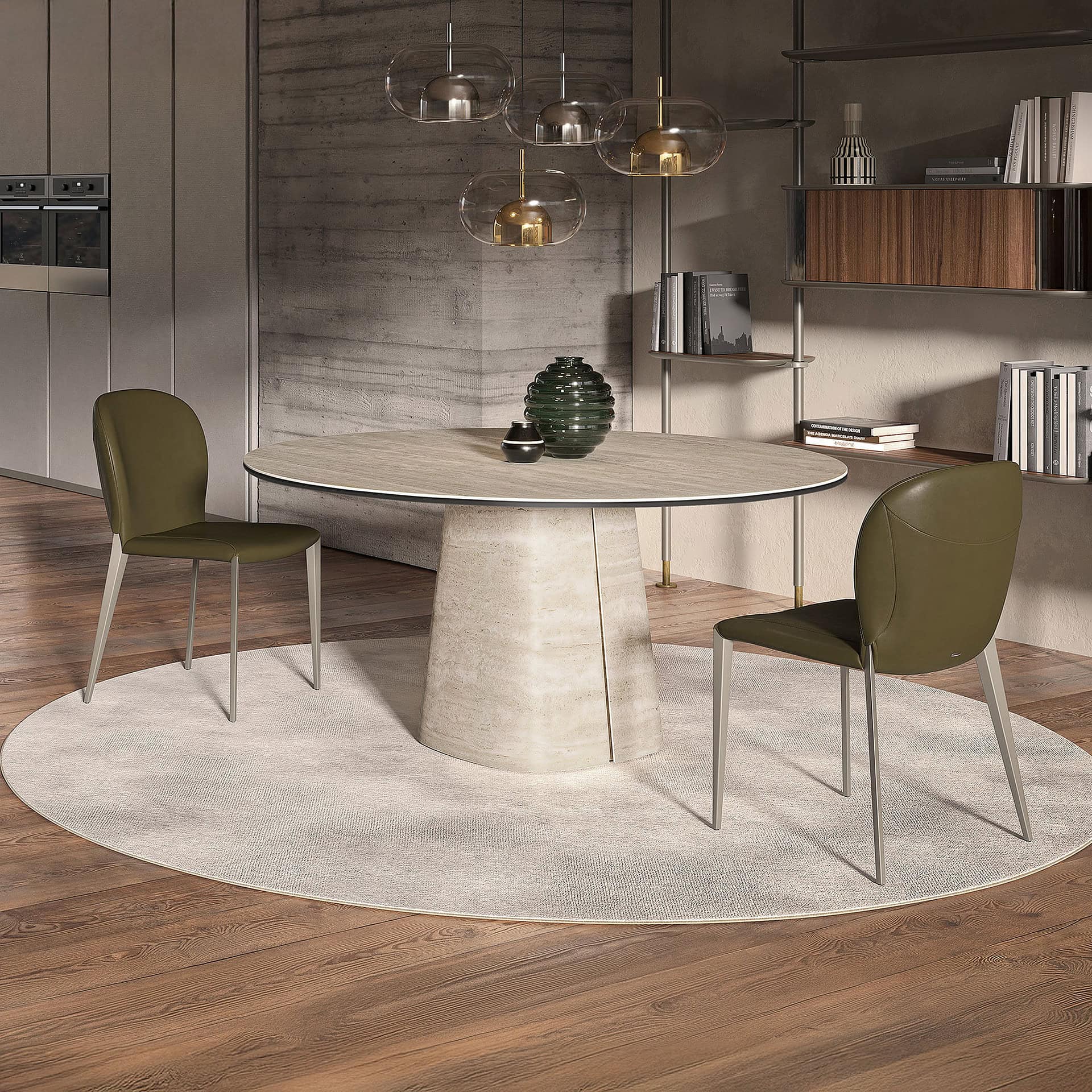 Elegant round dining table with sculptural base, perfect for modern dining rooms.
