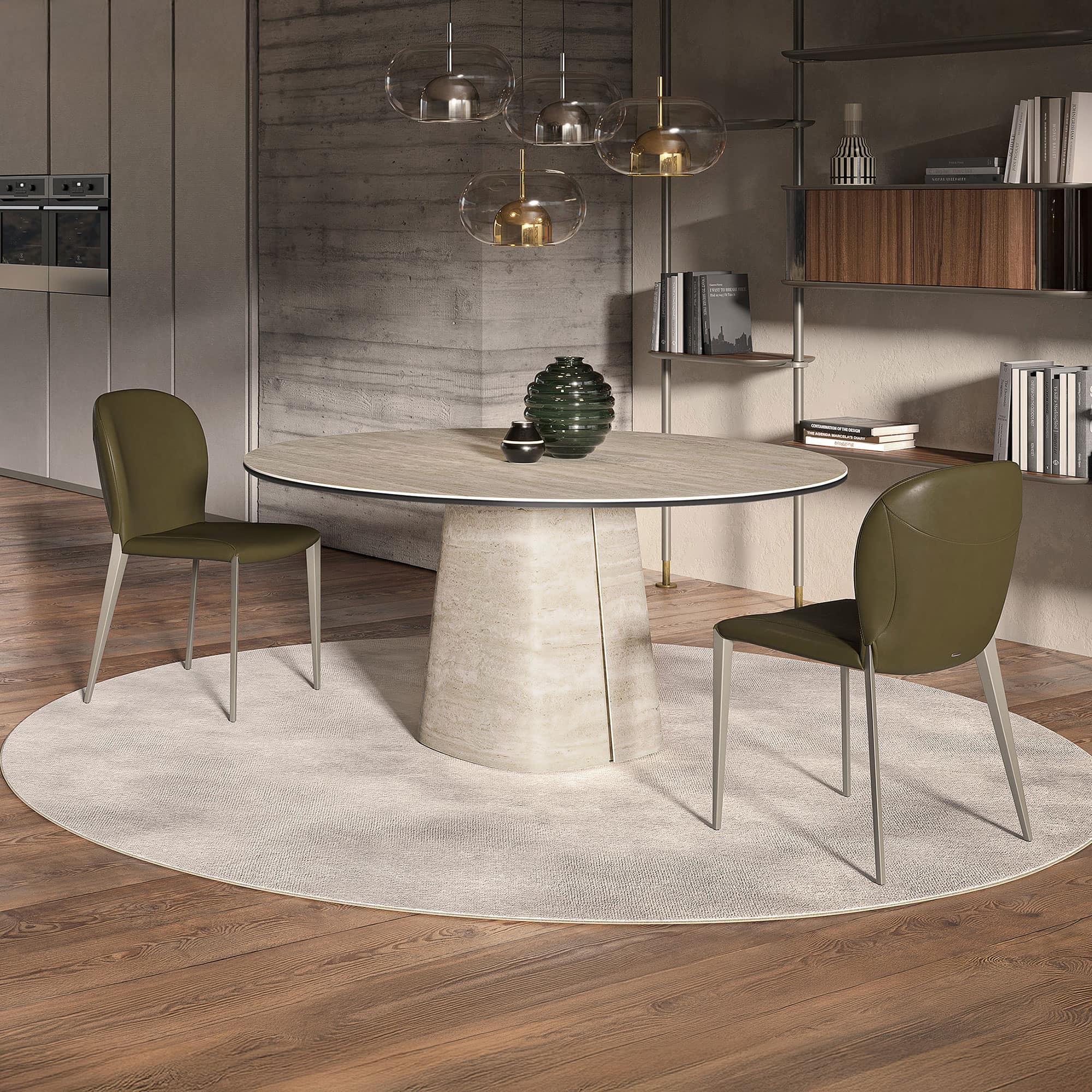 Elegant round dining table with sculptural base, perfect for modern dining rooms.