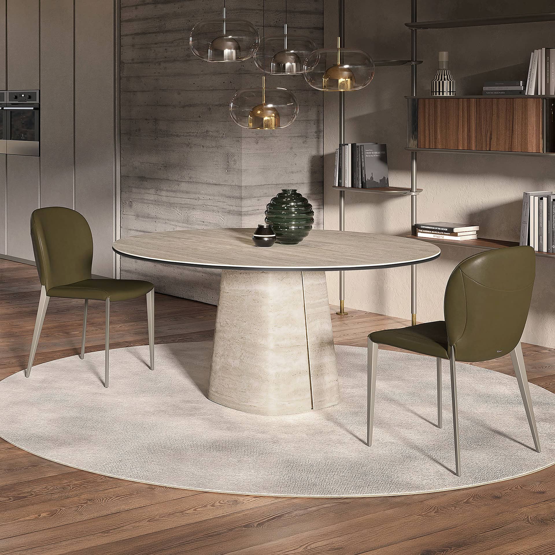 Elegant round dining table with sculptural base, perfect for modern dining rooms.