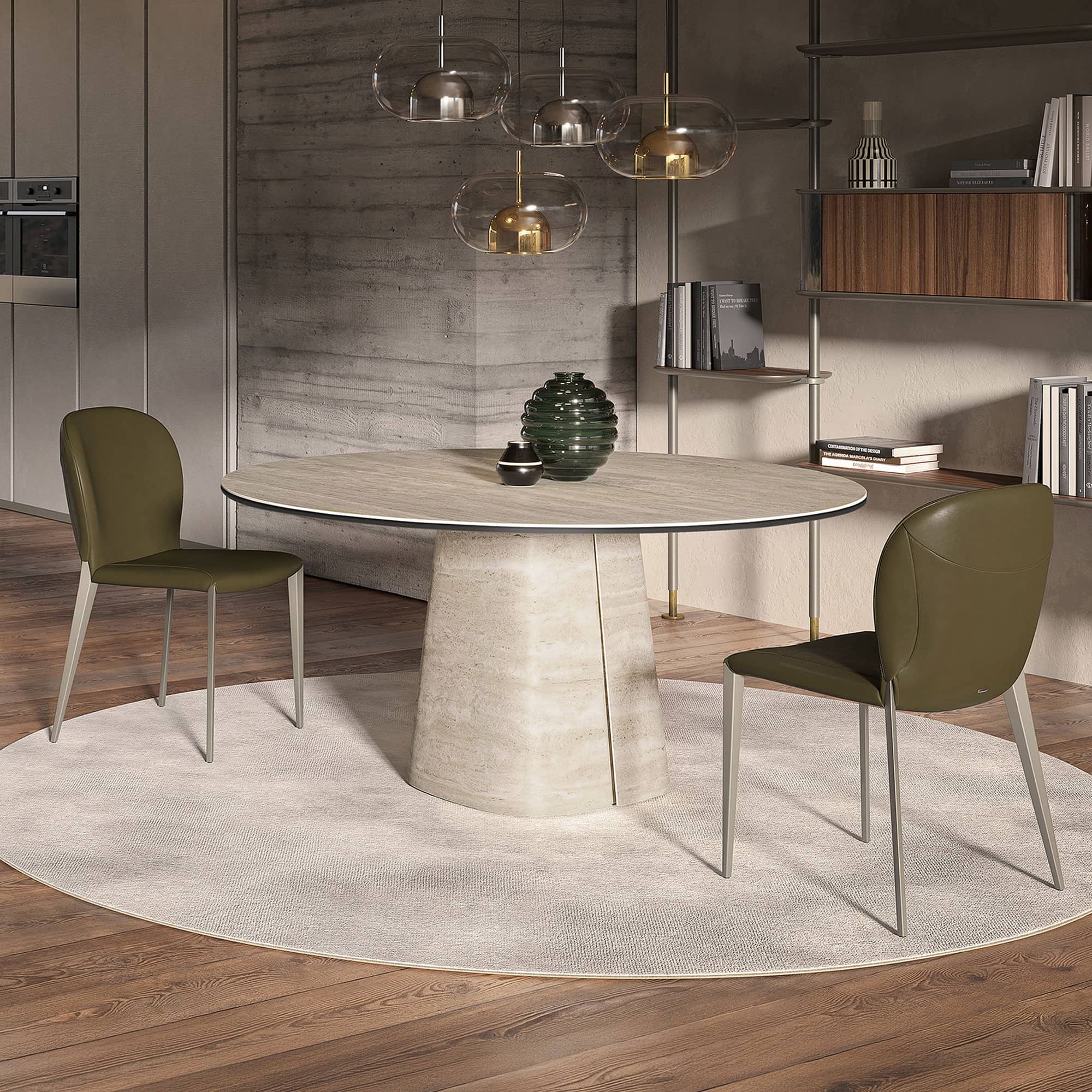 Elegant round dining table with sculptural base, perfect for modern dining rooms.