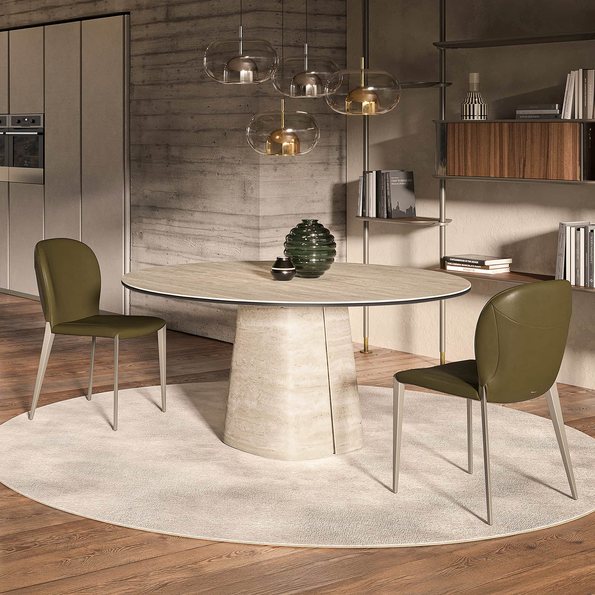 Luxurious round marble dining table with modern vase and statement lighting, perfect for elegant home decor.