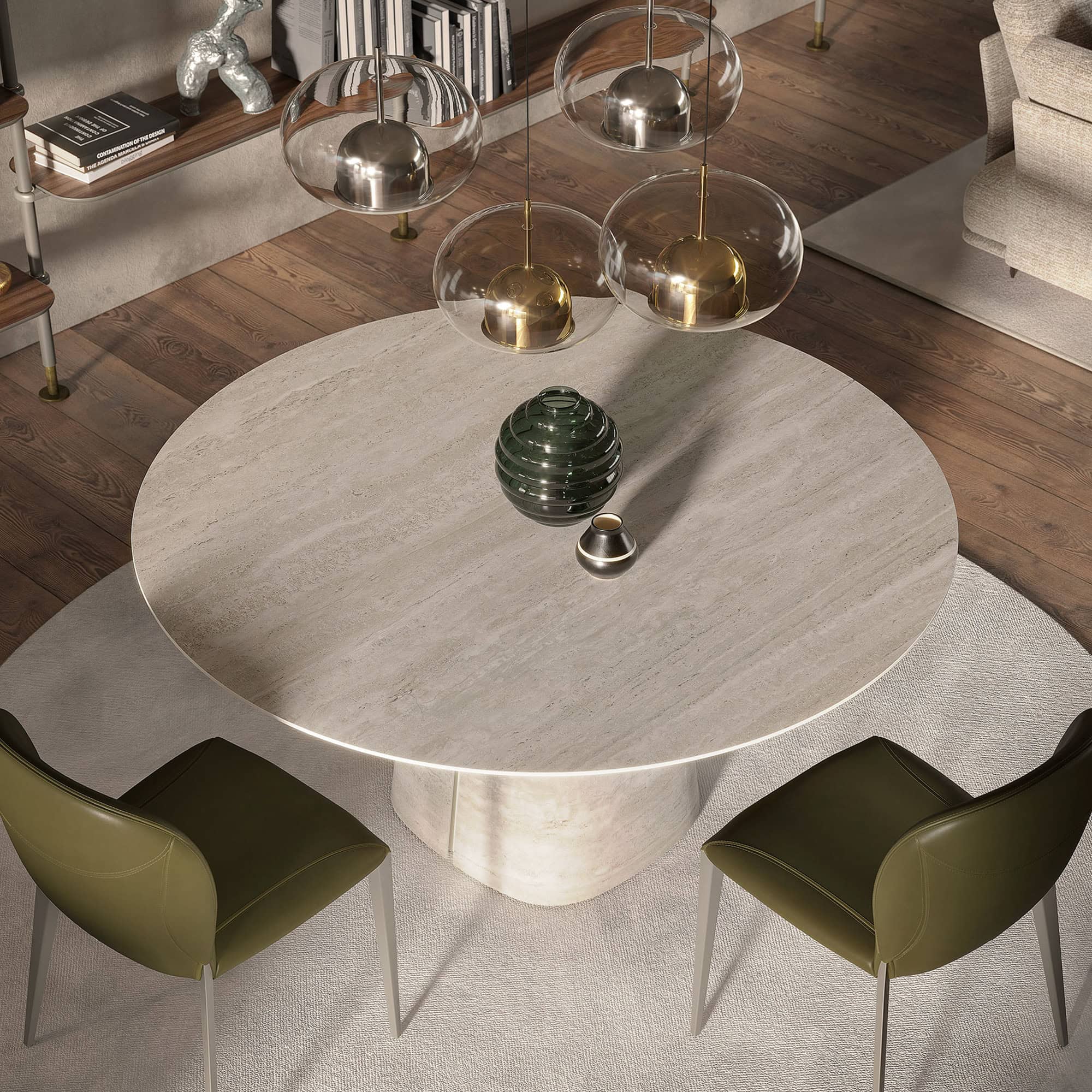 Sleek round marble dining table with two olive green chairs in a modern living space.