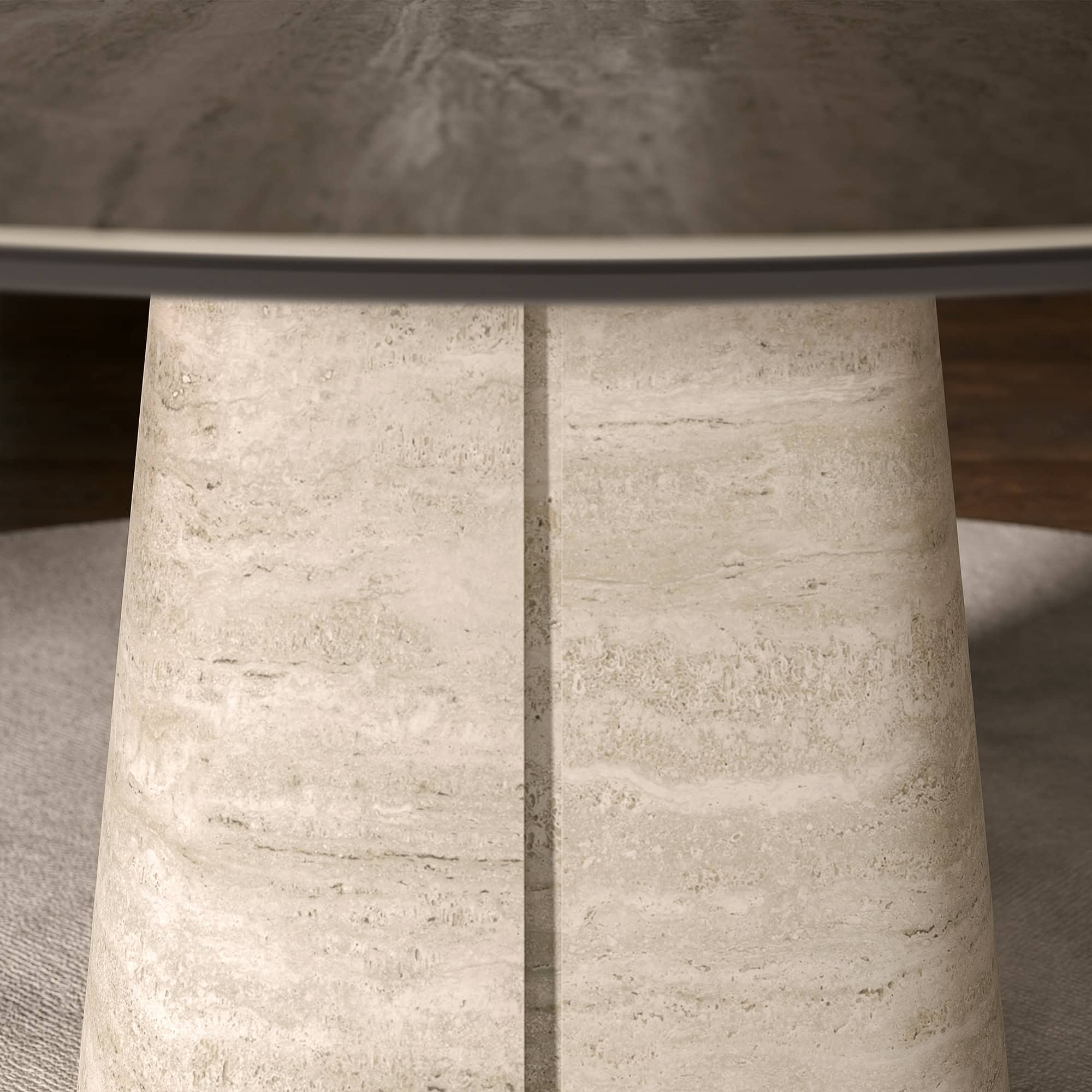 Sleek modern dining table with beige stone pedestal base and dark wood top.