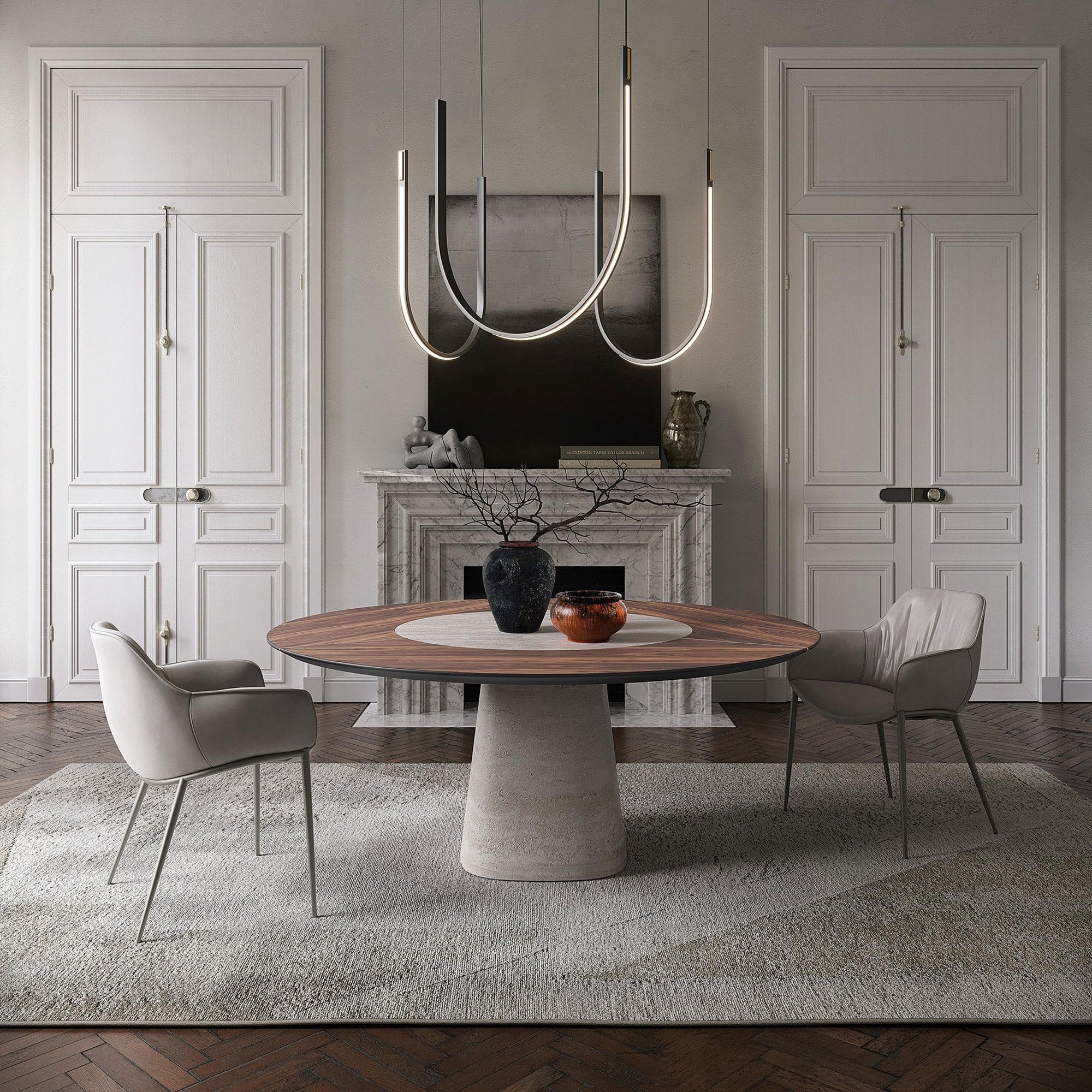 Sleek modern dining room with contemporary chandelier, marble fireplace, and stylish furniture.