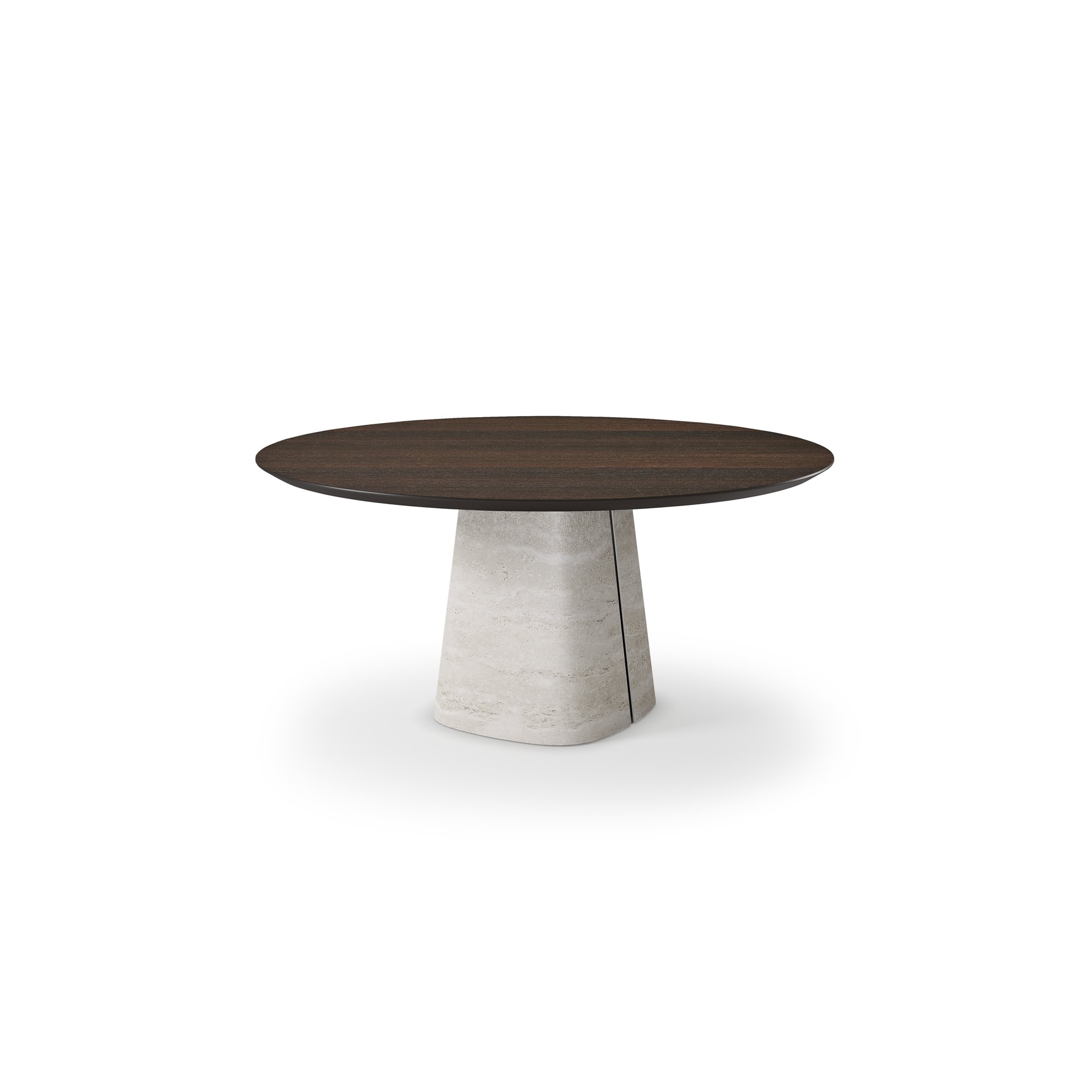 Modern dining table with dark wood top and sculptural concrete base for contemporary interior design.