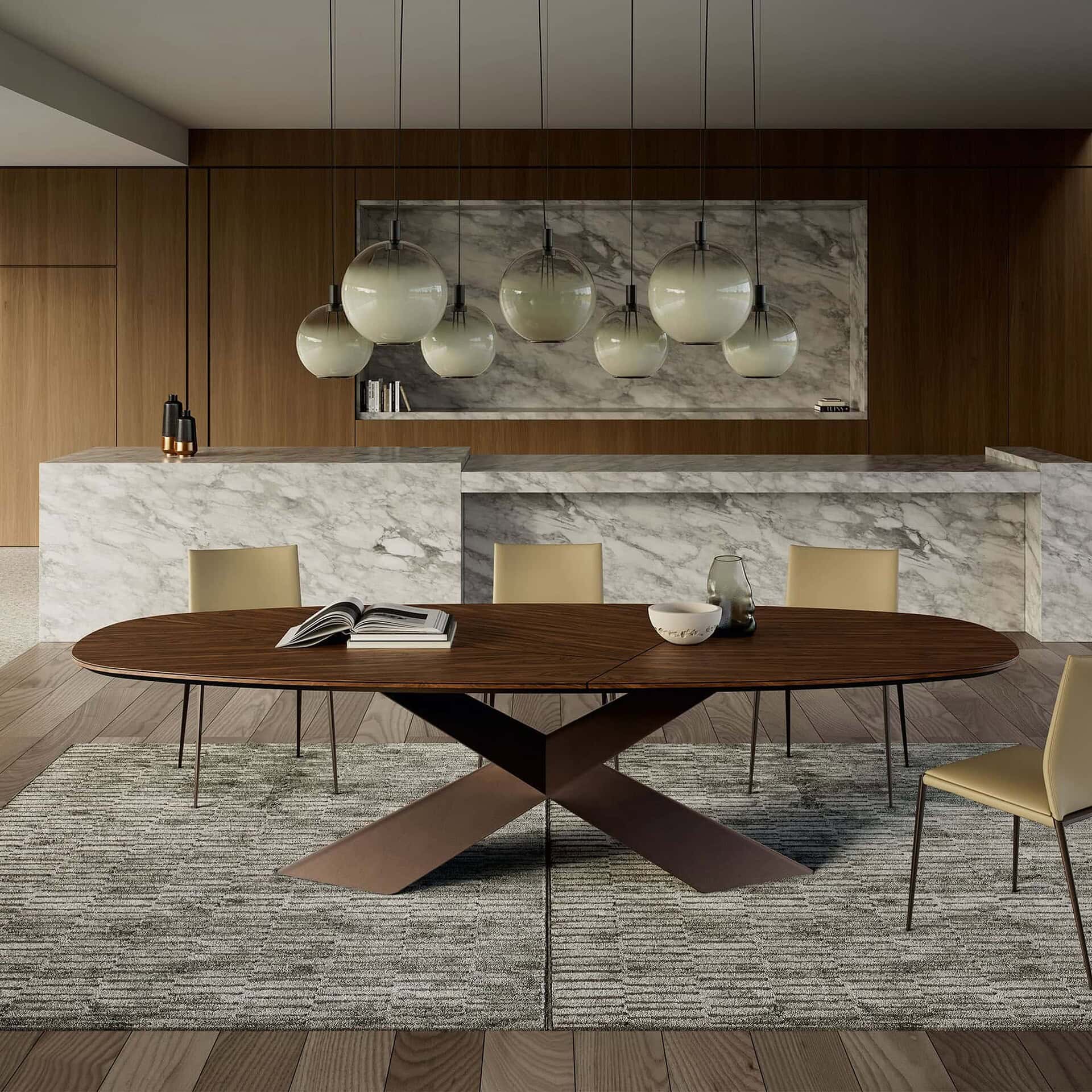 Modern dining room with sleek wooden table and marble accents by Sklar Furnishings.