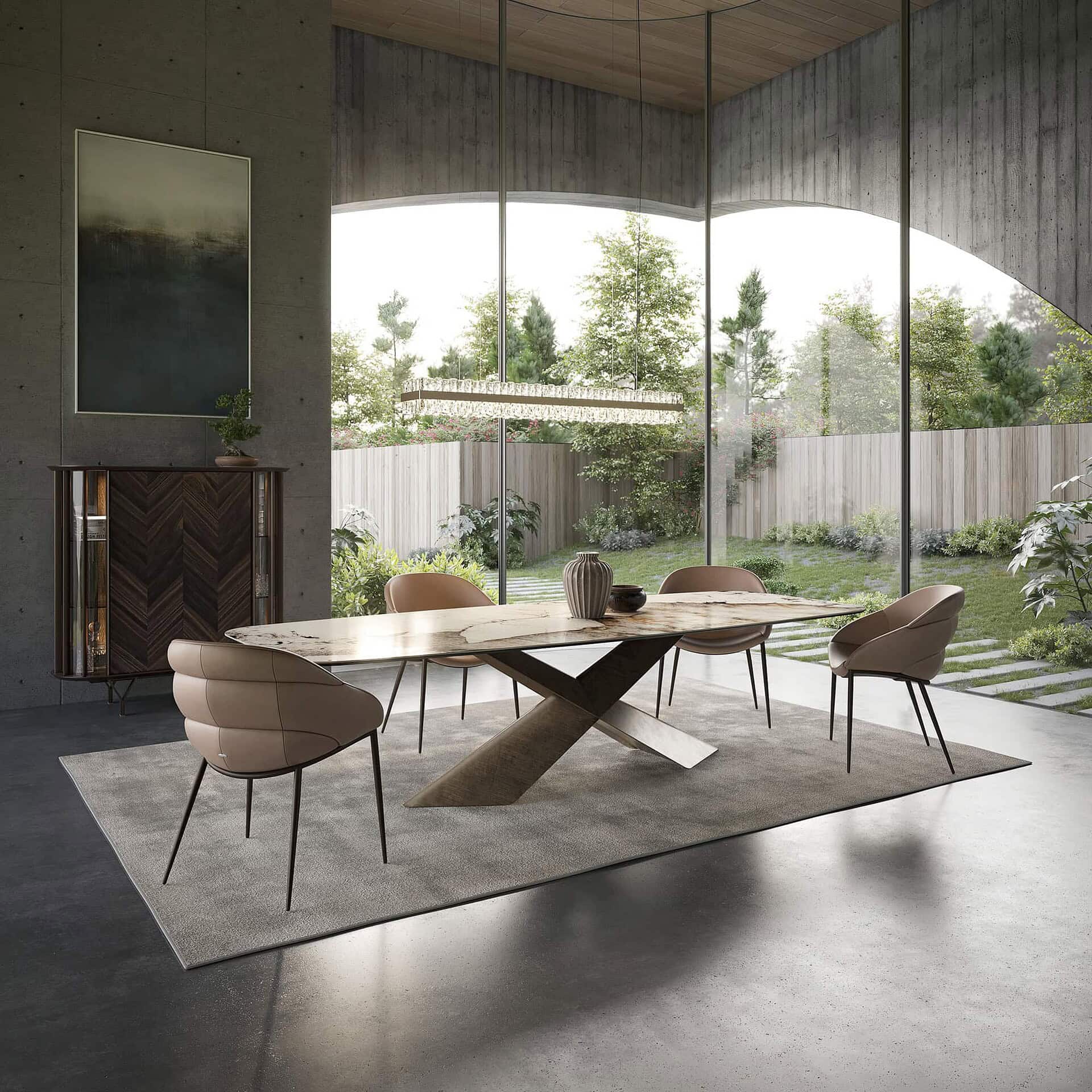 Natural modern dining room with contemporary table and elegant chairs, large glass windows, and lush outdoor garden view.