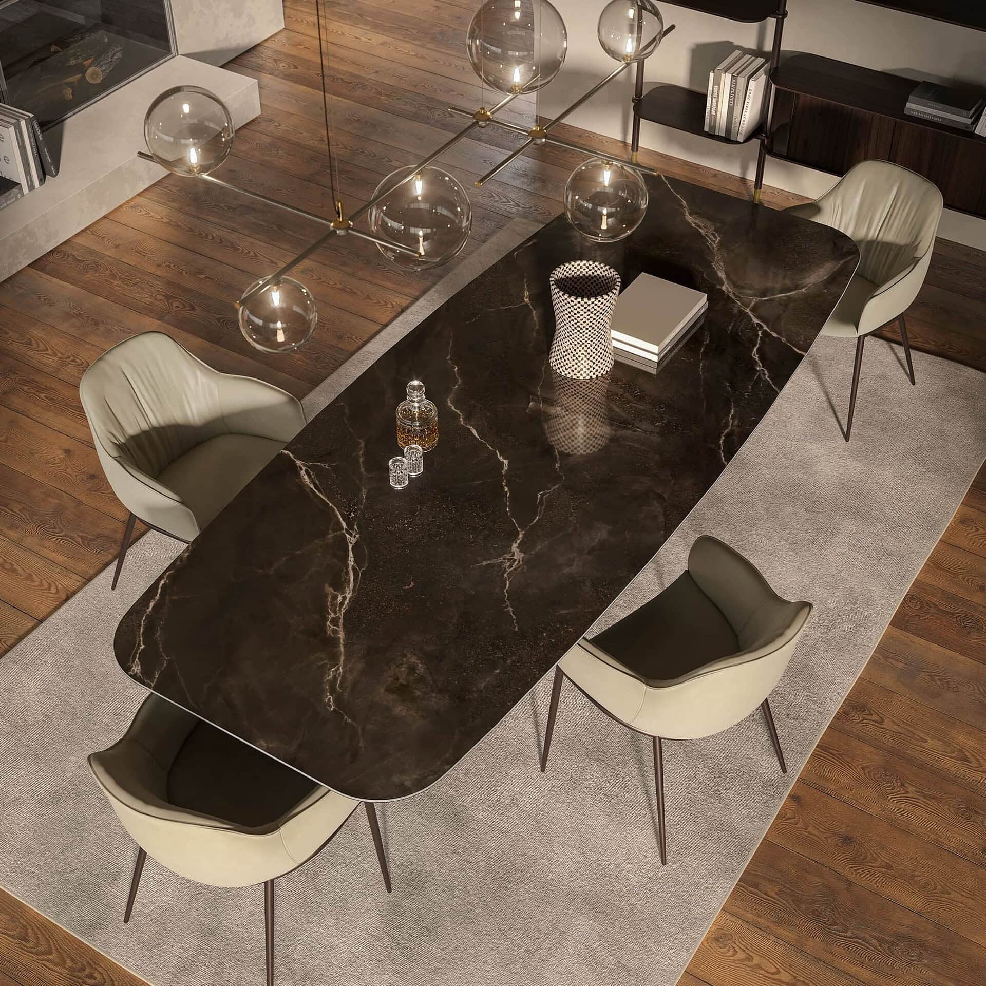 Luxurious dark marble dining table with modern chairs and stylish lighting, perfect for elegant home dining.