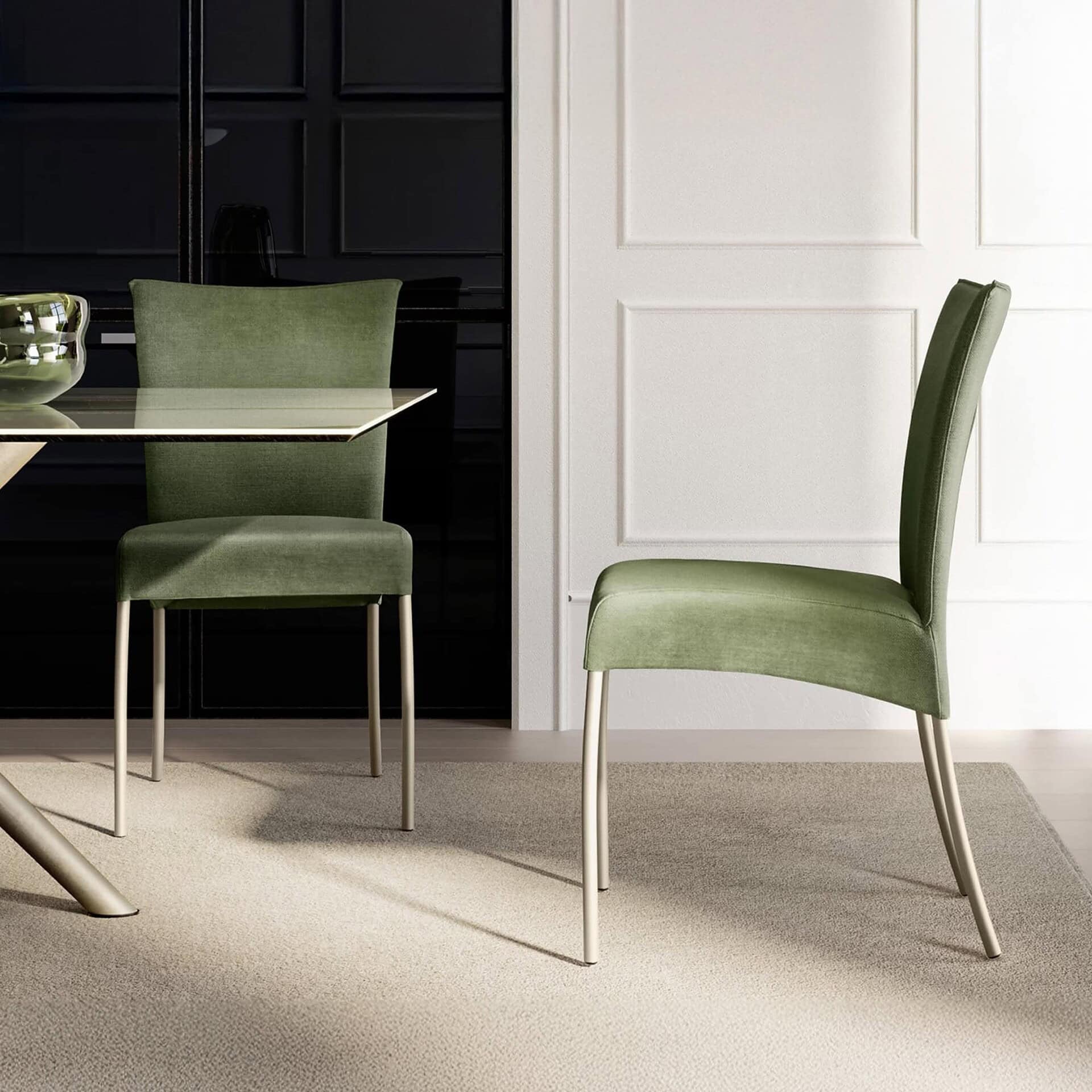 Pair of Alessia dining chairs with metal legs in green velvet fabric