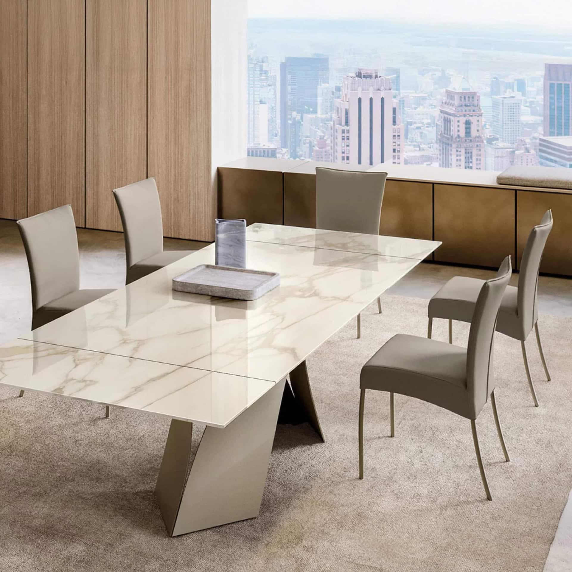 Modern dining room with Alessia dining chairs around a marble rectangular table