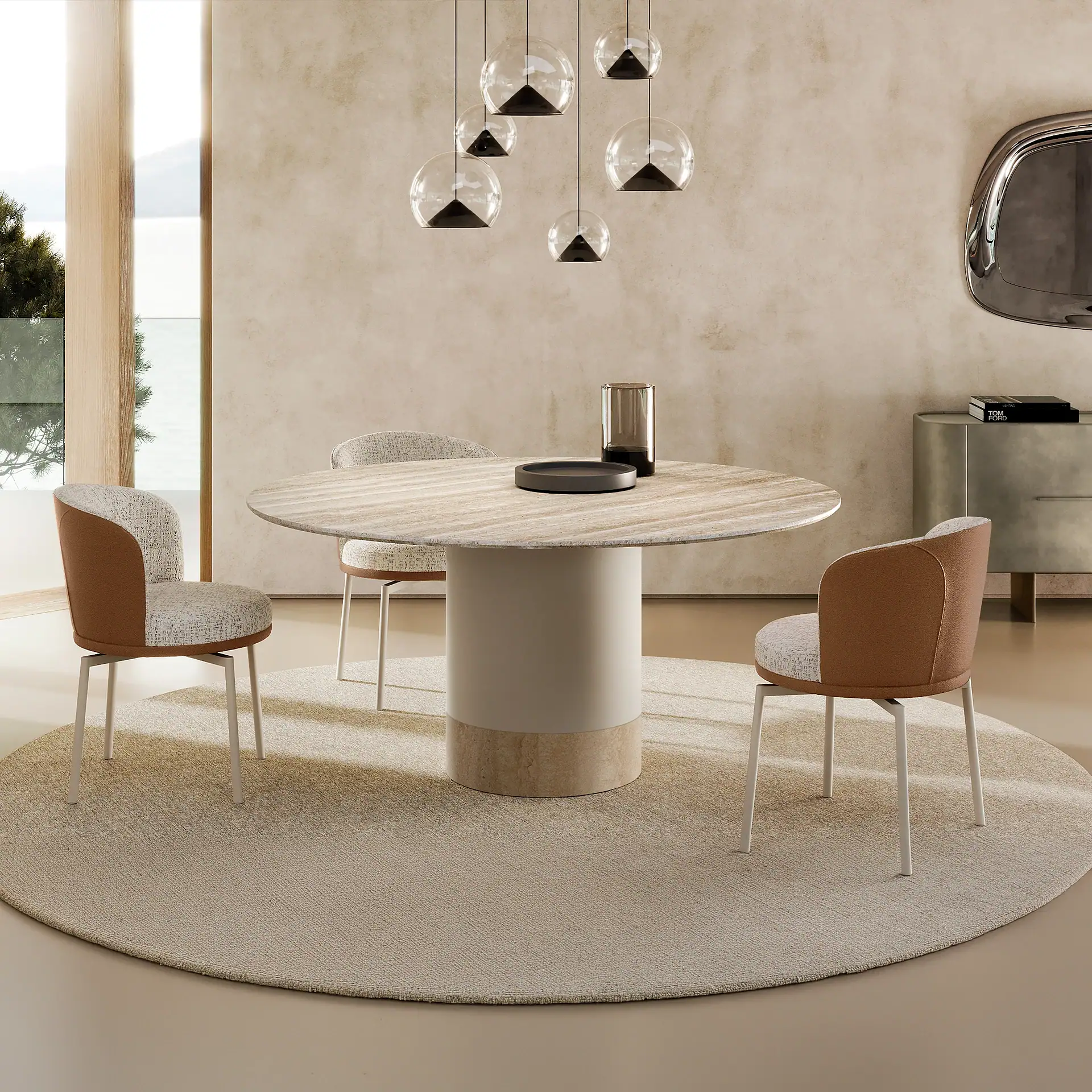 Sklar Furnishings round dining table with four chairs in modern dining room.
