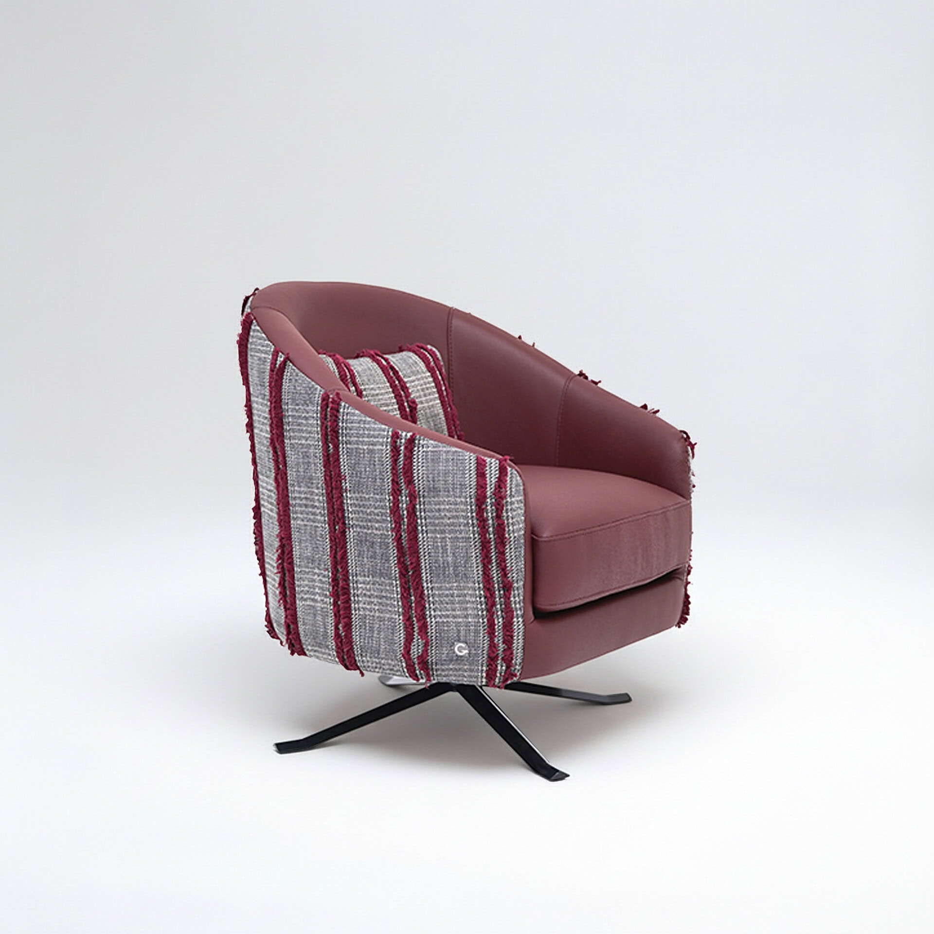 Modern Siena lounge chair with upholstered seat and plaid fabric sides.