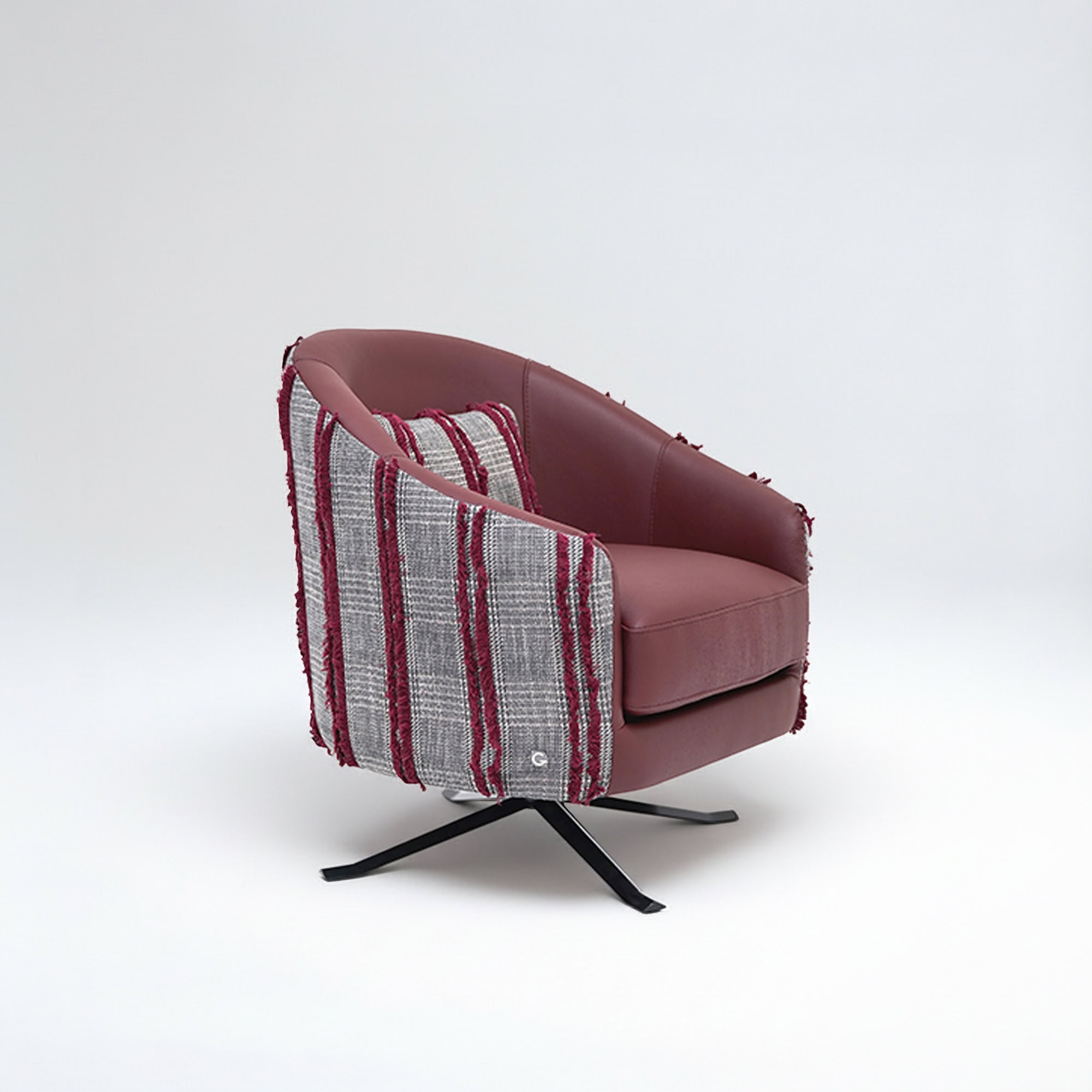 Modern Siena lounge chair with upholstered seat and plaid fabric sides.