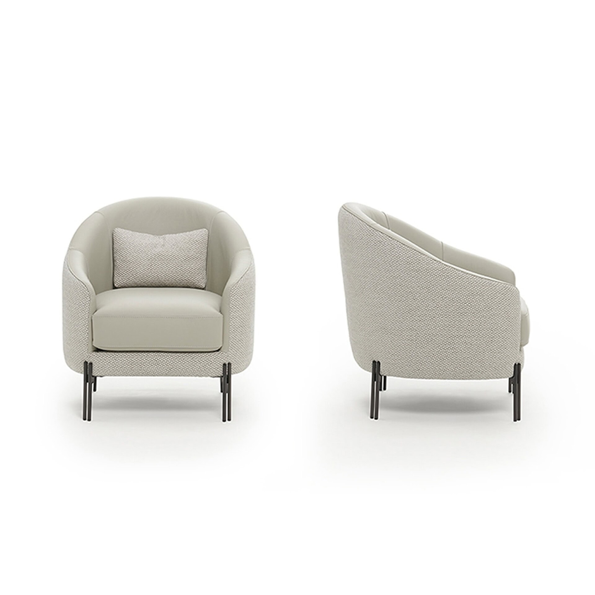 Front and side views of the Siena Upholstered Armchair in light fabric upholstery with cushion and metal legs.