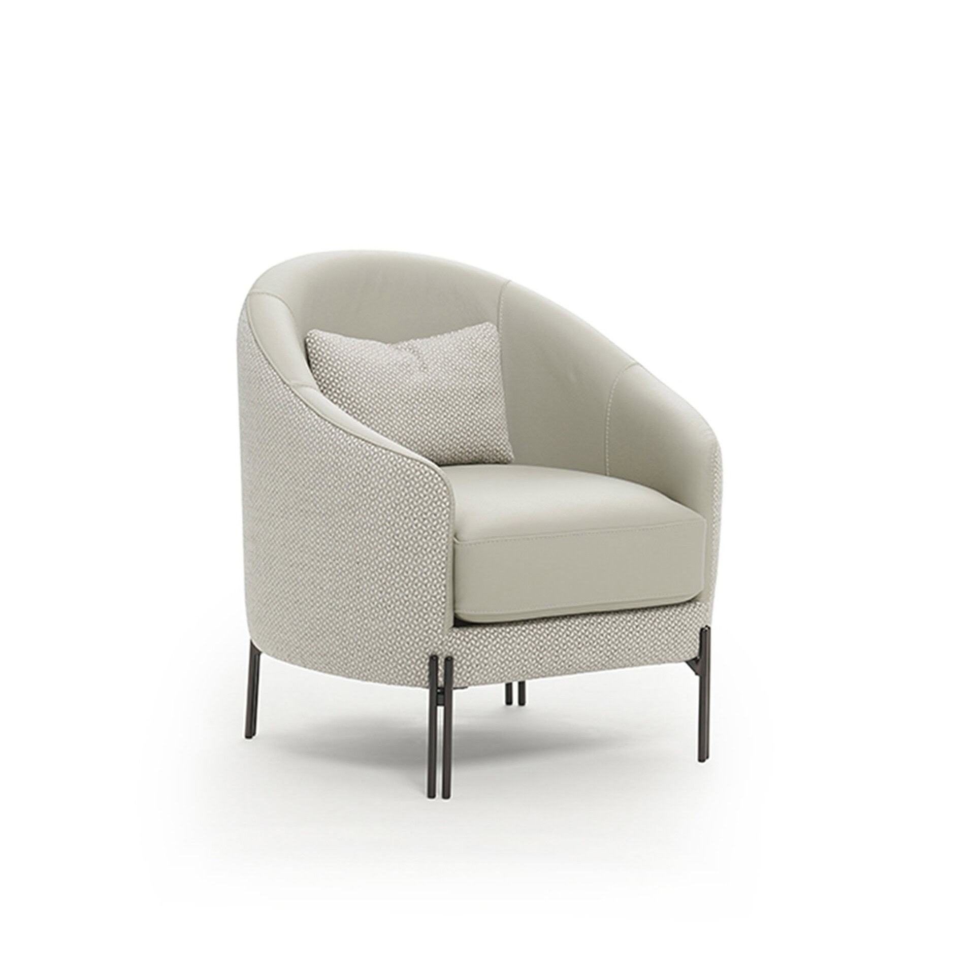Front-facing view of the Siena Upholstered Armchair in light fabric with matching cushion and slim metal legs.