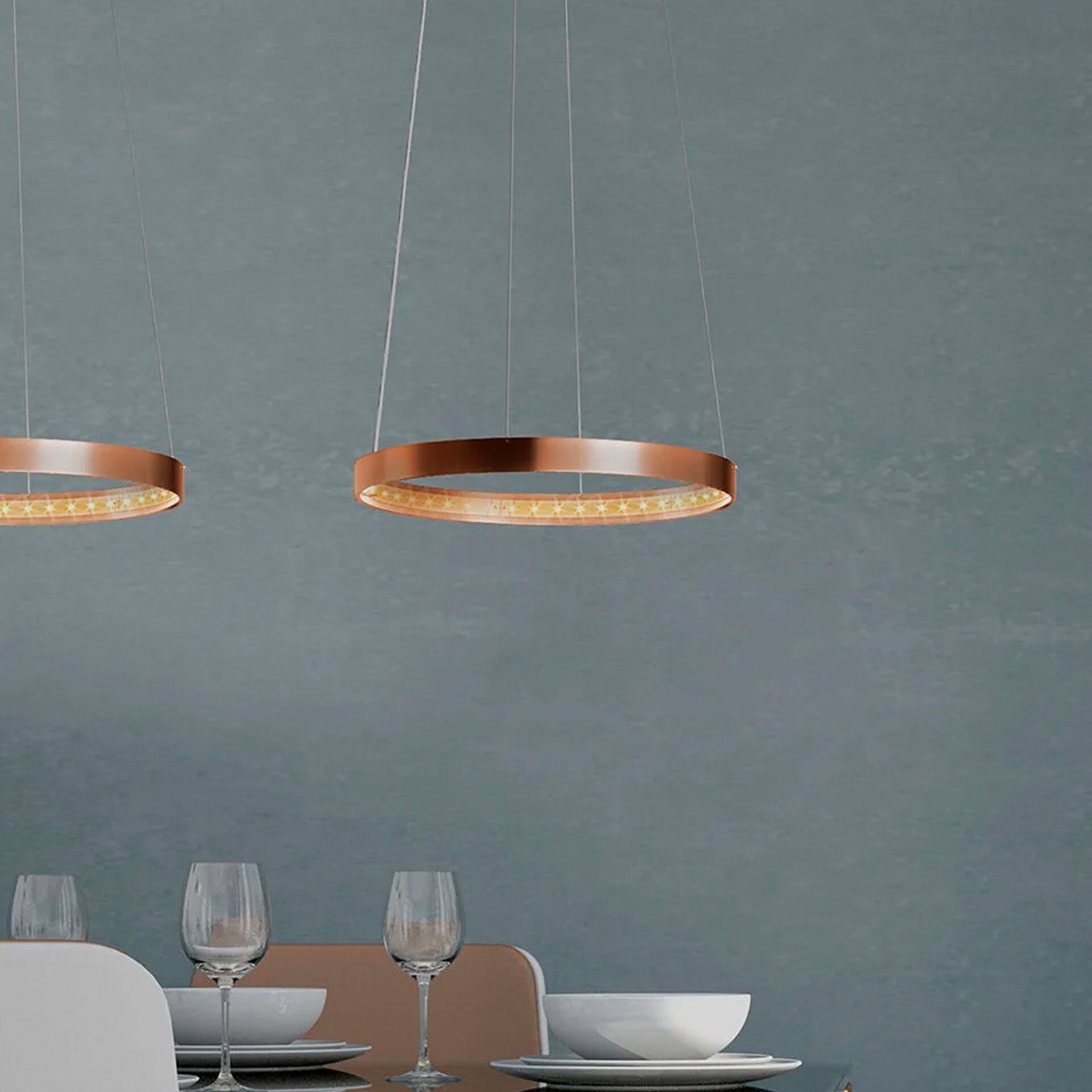 Circle 30 Pendant Light above a dining table, showcasing warm LED glow in a modern dining room.