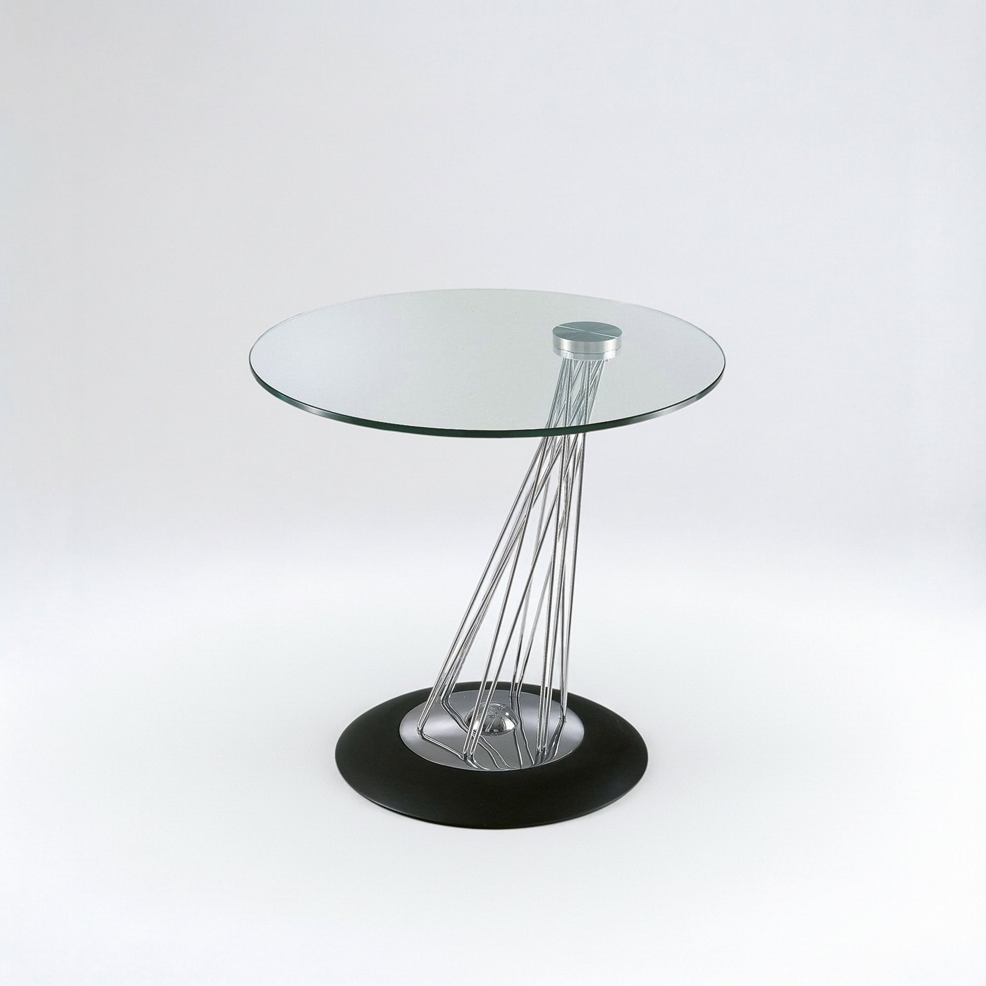 Modern Gemellino sculptural end table with glass top and metal base.