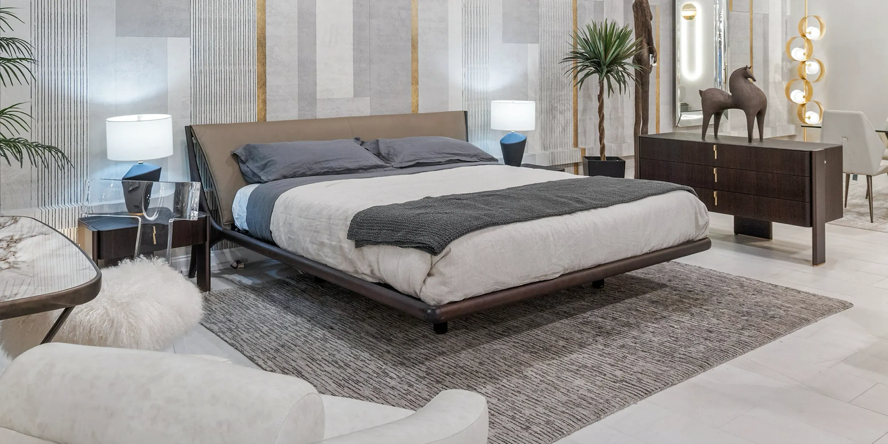 showroom-vignette-feb-25-bedroom Sleek modern bedroom featuring Sklar Furnishings' contemporary furniture and stylish decor.