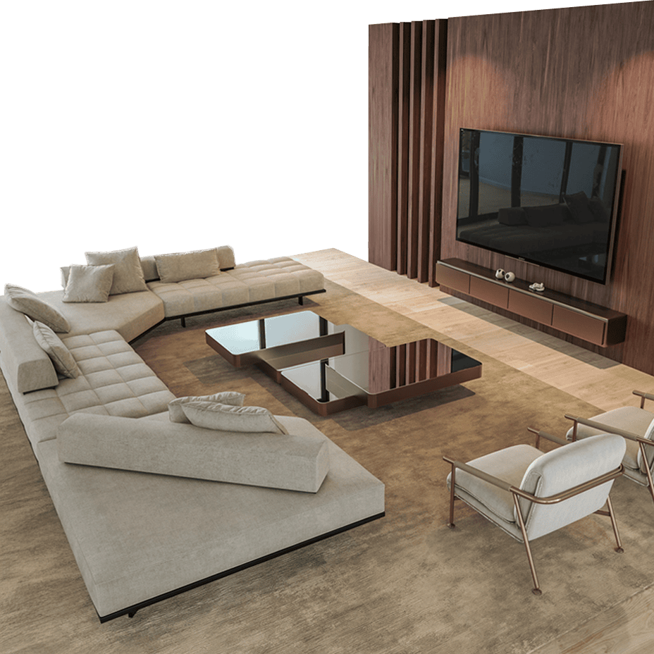 Contemporary living room with beige sectional sofa and modern wood accents, custom furnishings by Sklar Furnishings.