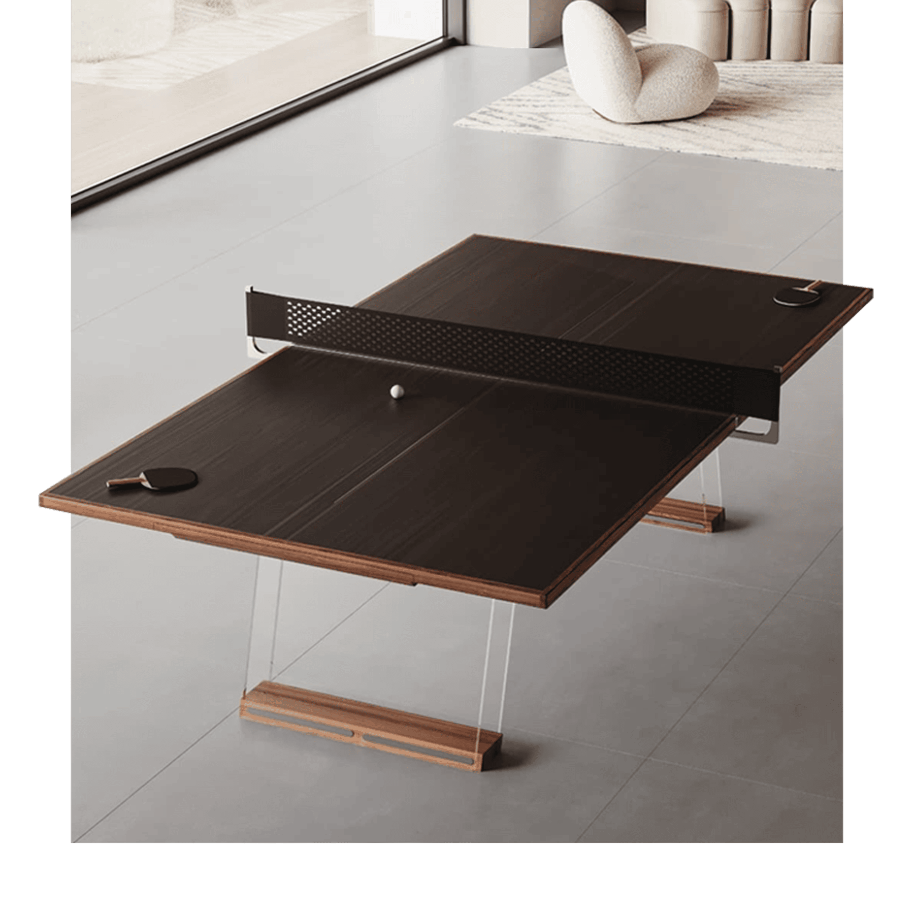 Dark wood modern ping pong table for home game room, elegant and functional.