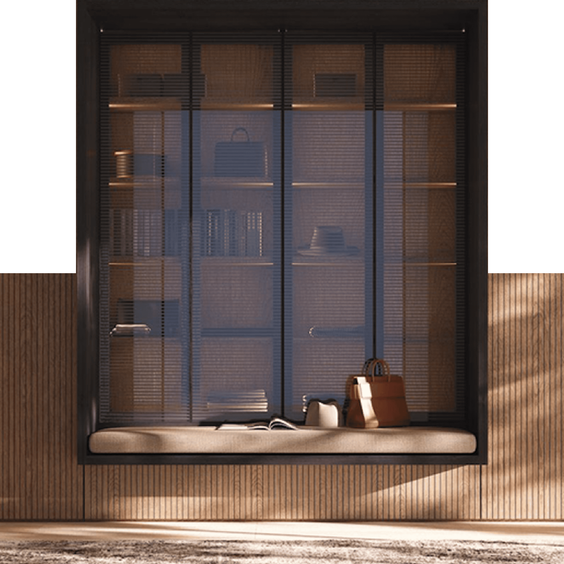 Modern custom built-in wood and glass display cabinet with lighting.