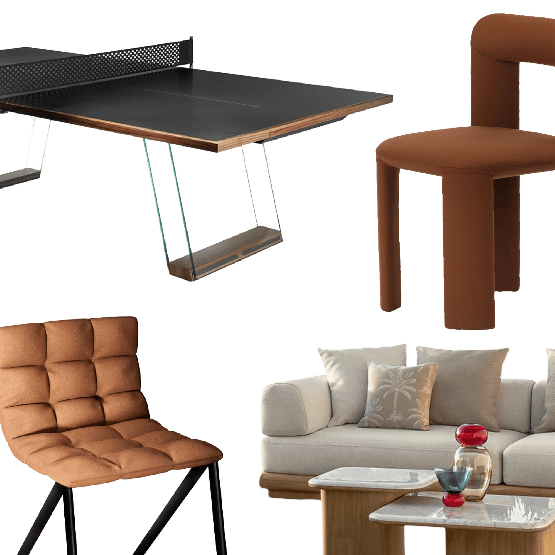 Elegant modern living room furniture by Sklar Furnishings, including chairs, sofa, and contemporary tables.