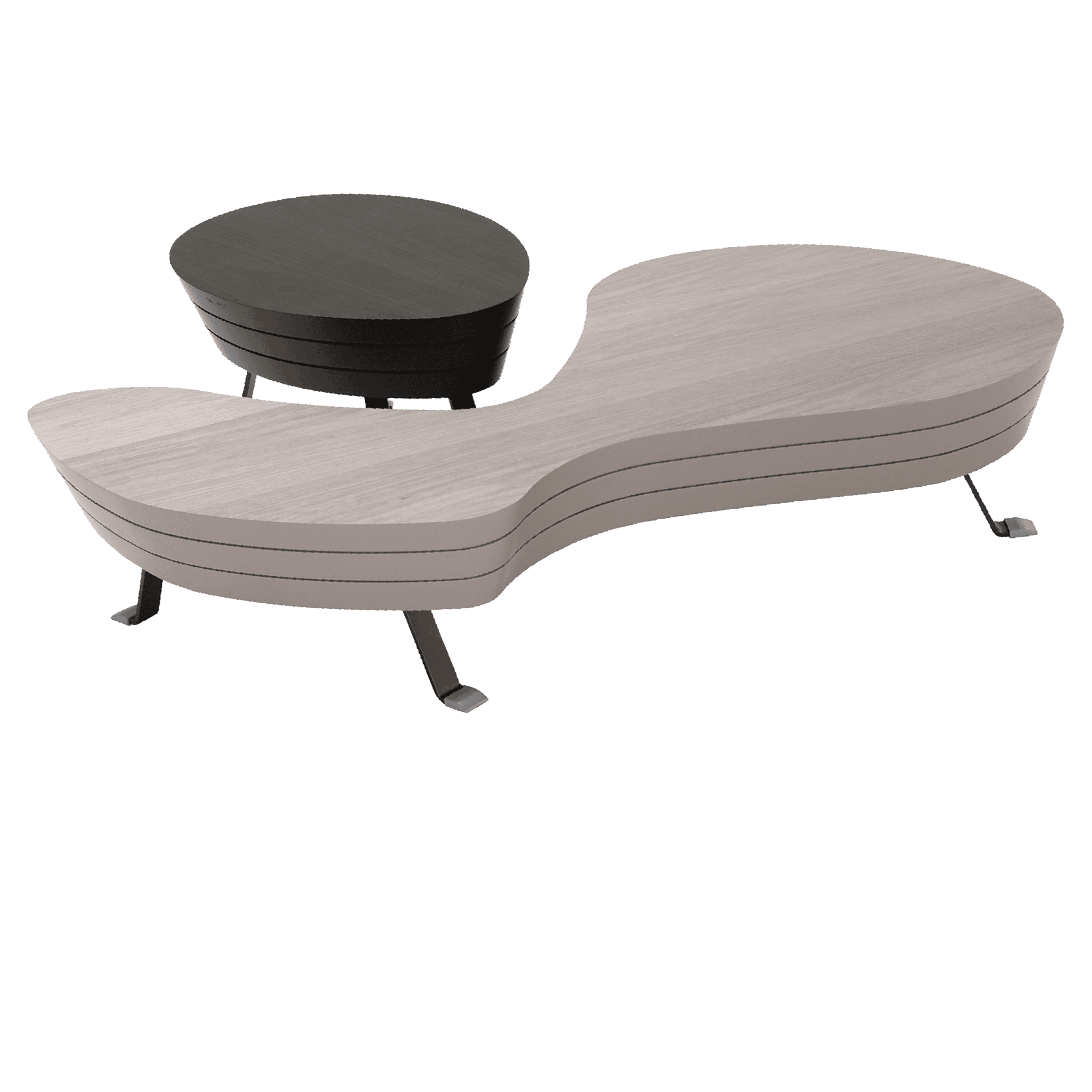 Contemporary modern lounge chair with unique curved wooden design and black metal legs.