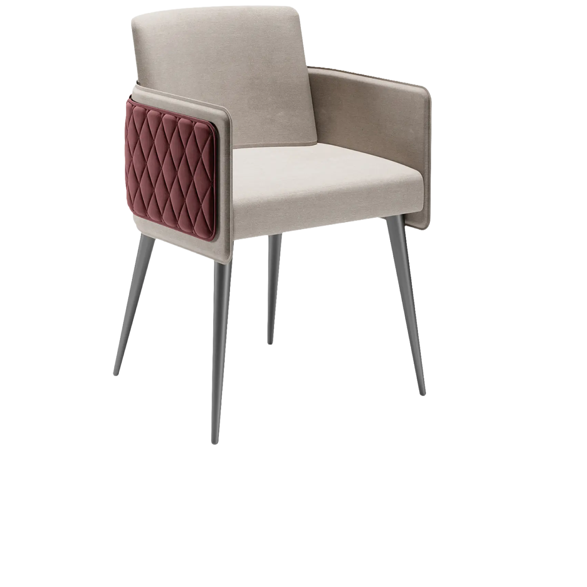 Modern beige armchair with a distinctive quilted burgundy panel on the armrest and dark gray legs, overlaid with large white text that reads 'SALE'.