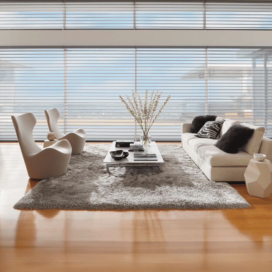 Contemporary living room with modern furniture and large window blinds, showcasing sleek home furnishing design.