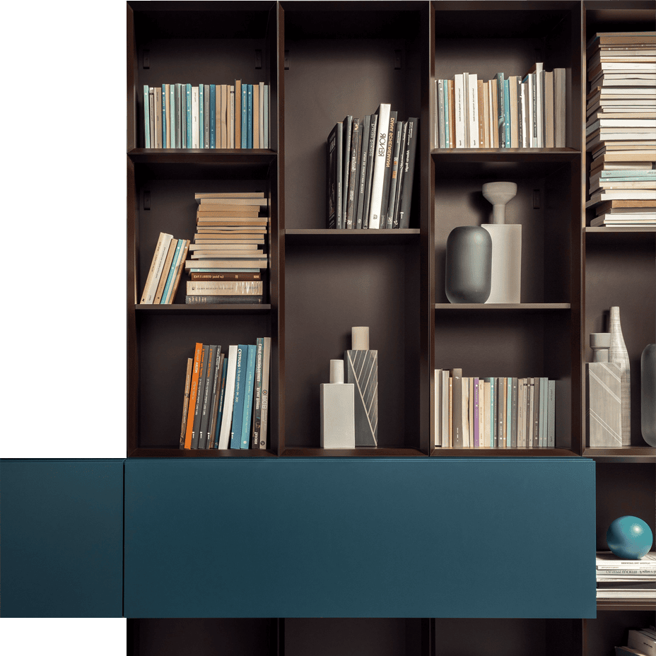 Elegant modern bookcase with decorative vases and books, stylish furniture design by Sklar Furnishings.