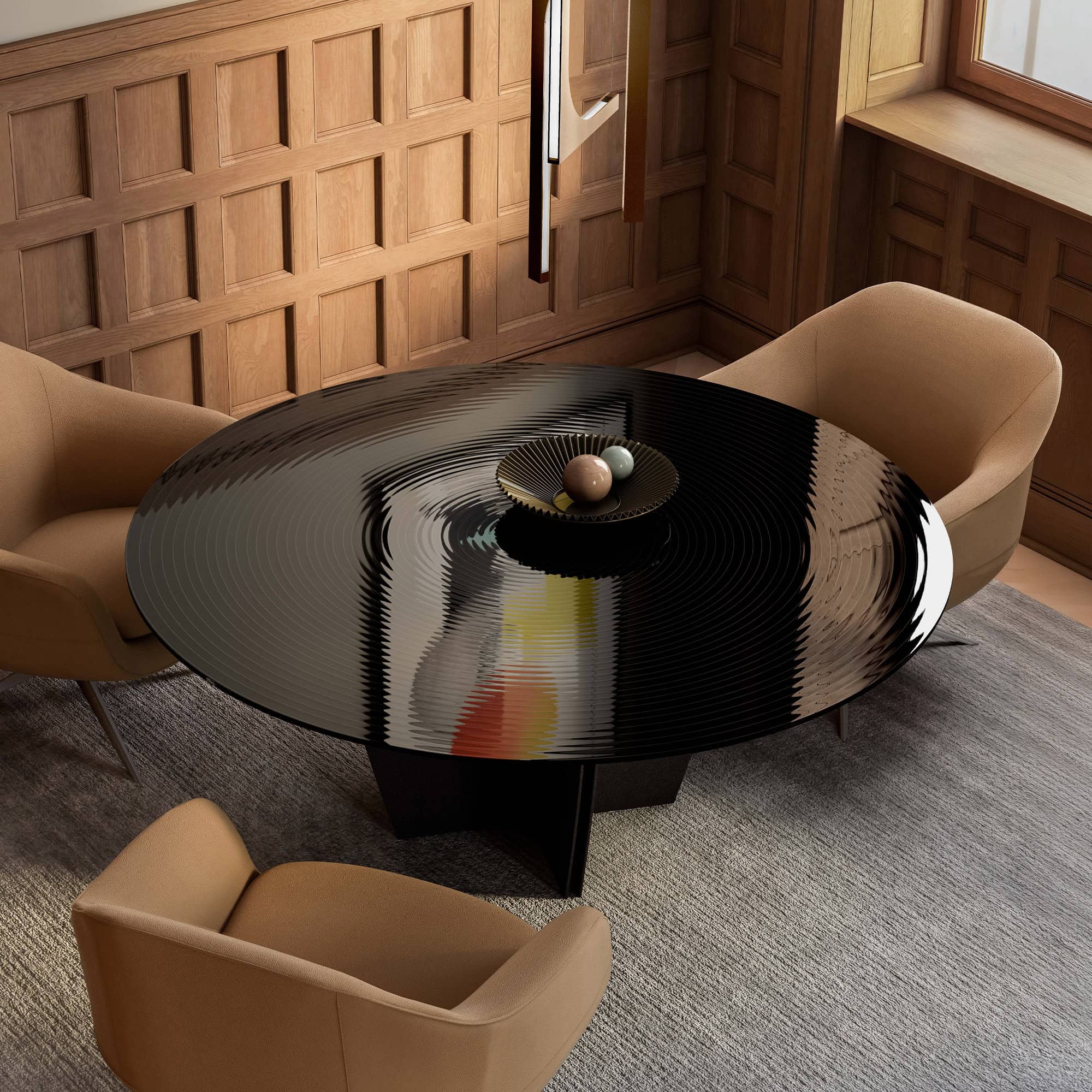 Modern Gambler Ribbed Glass Dining Table in styled dining room setting.