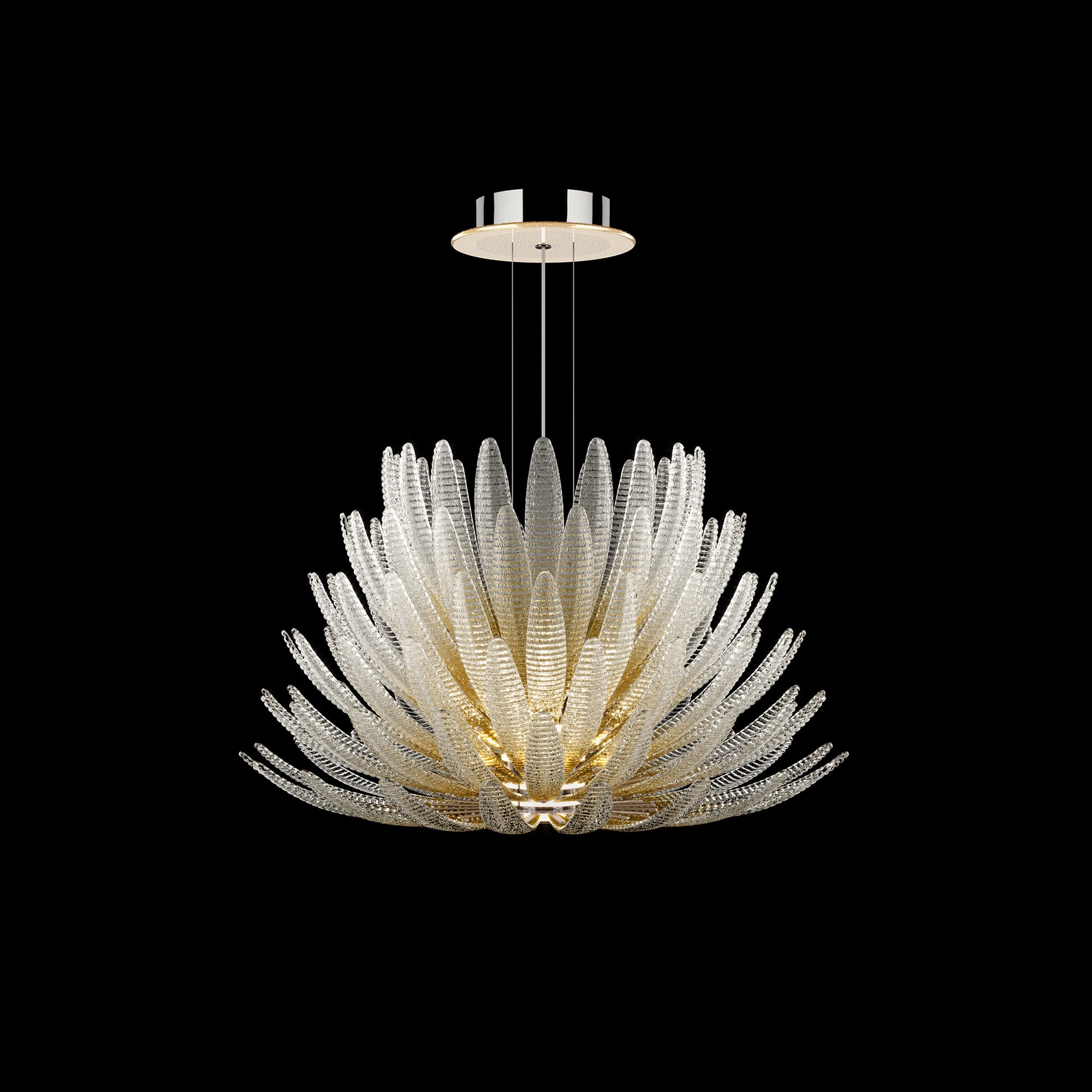 Front view of Barovier&Toso Agave Suspension Lamp in Venetian crystal with layered glass leaves.