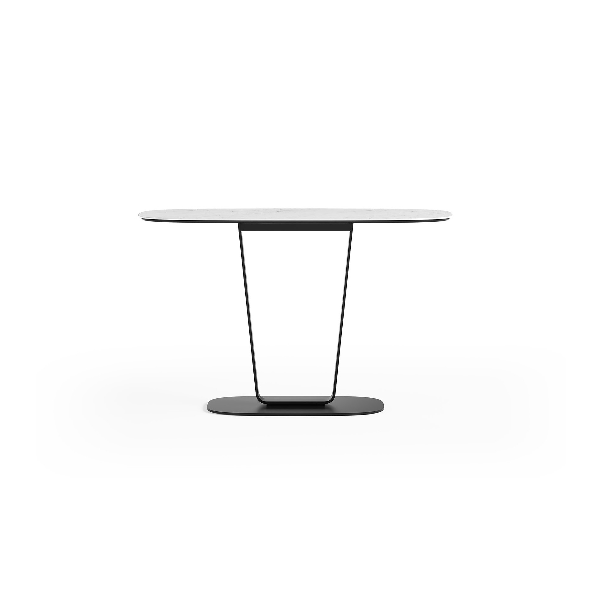 Sleek modern dining table with marble top and black metal base.