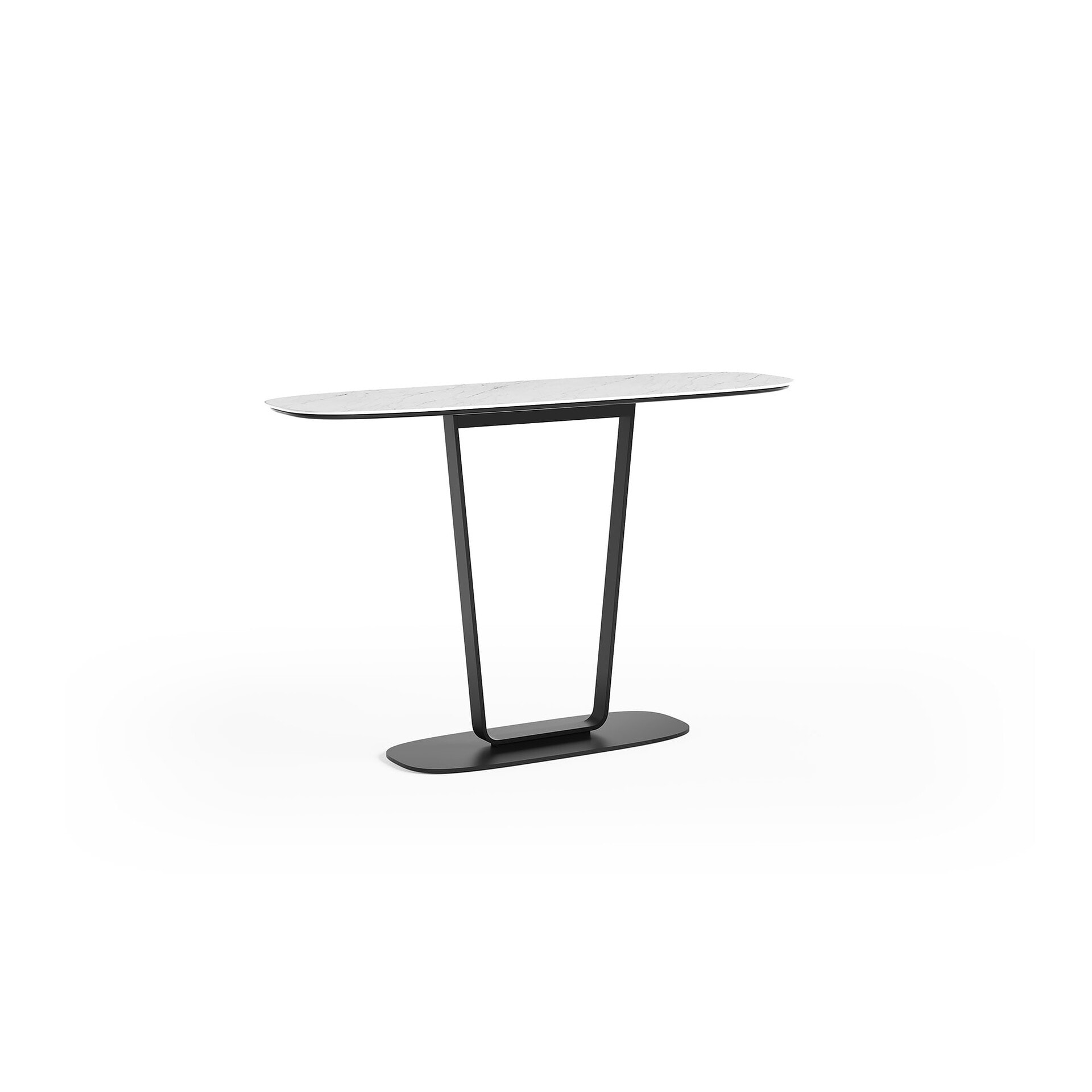 Sleek modern dining table with marble top and black metal base.