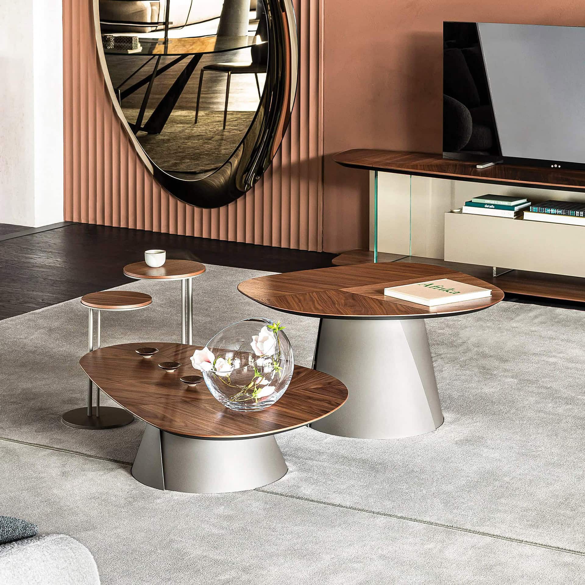 Adrian Sculptural Wood Coffee Table by Cattelan Italia in modern living room with round and oval wooden tops and metal base.